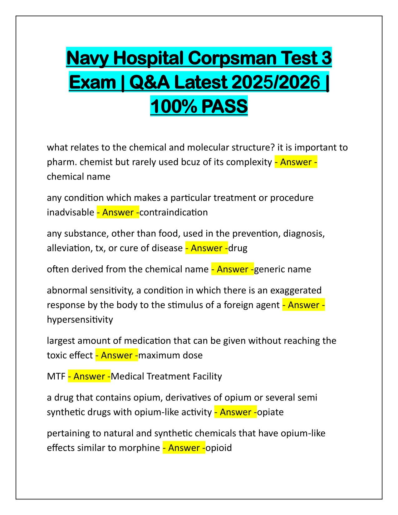 Navy Hospital Corpsman Test 3 Exam Correctly Answered Latest Update