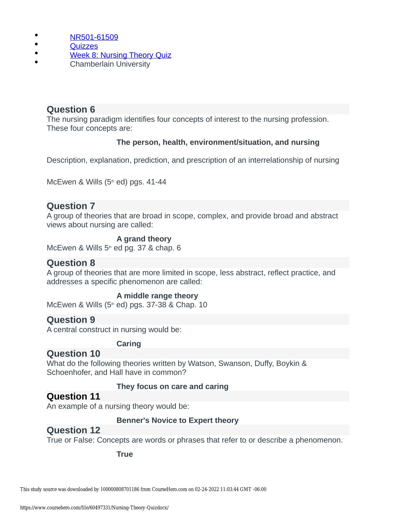 NR501 Week 8 Nursing Theory Quiz Chamberlain University ACTUAL 2025/2026
