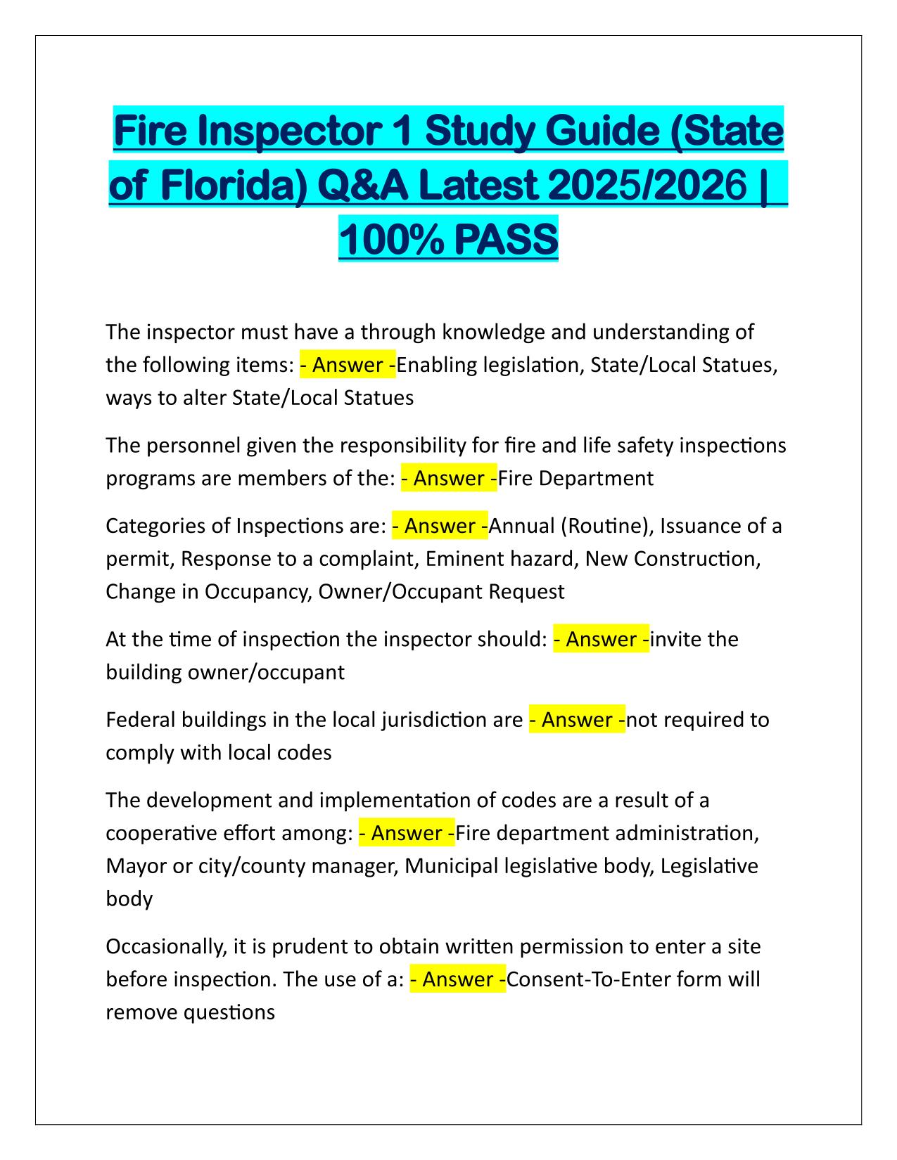 Fire Inspector 1 Study Guide (State of Florida) Q&A Latest Update