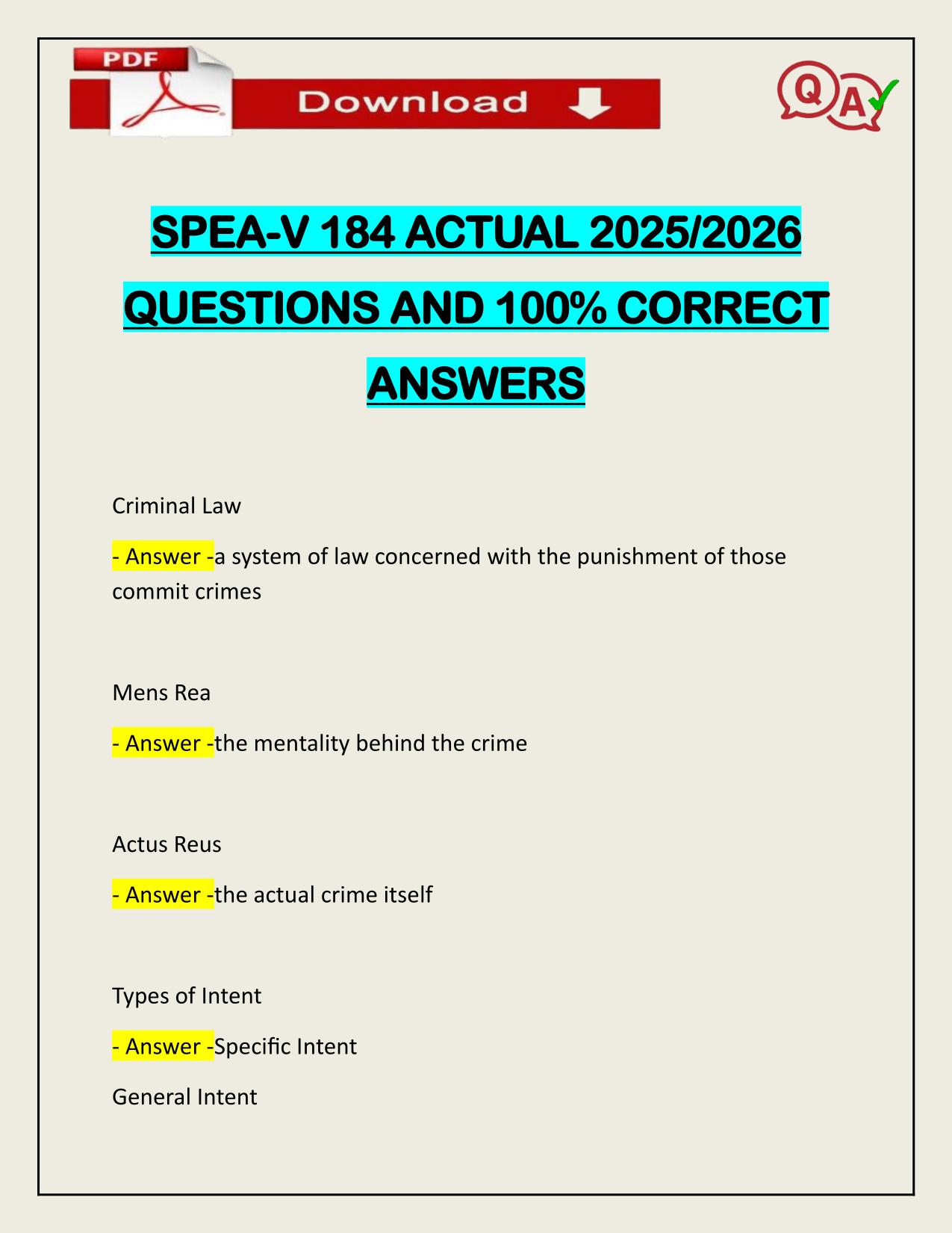 SPEA-V 184 ACTUAL 2025/2026 CORRECTLY ANSWERED