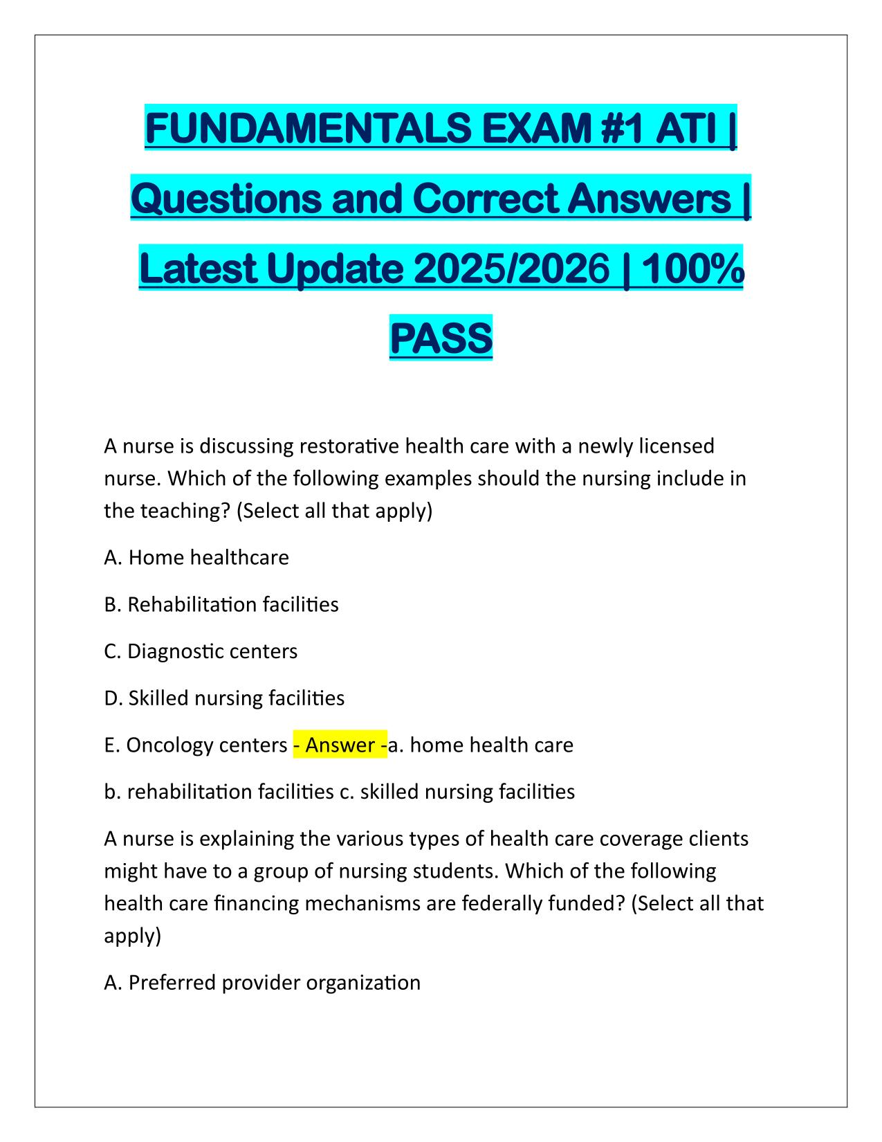 FUNDAMENTALS EXAM #1 ATI Questions and Answers 2025/2026