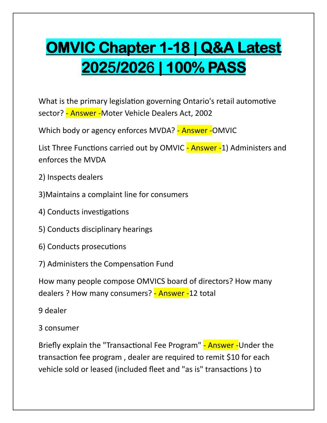 OMVIC Chapter 1-18 Correctly Answered Latest