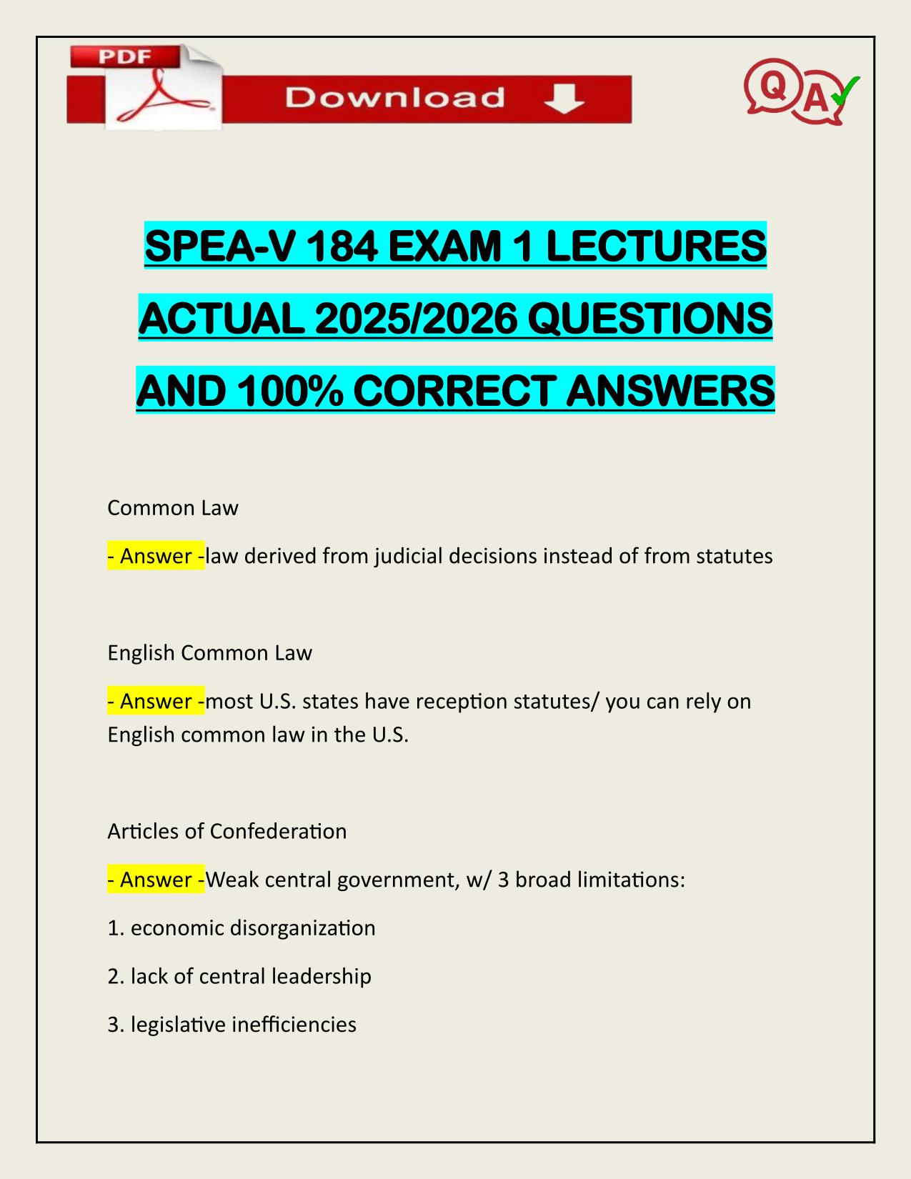 SPEA-V 184 EXAM 1 LECTURES ACTUAL 2025/2026 WITH VERIFIED ANSWERS