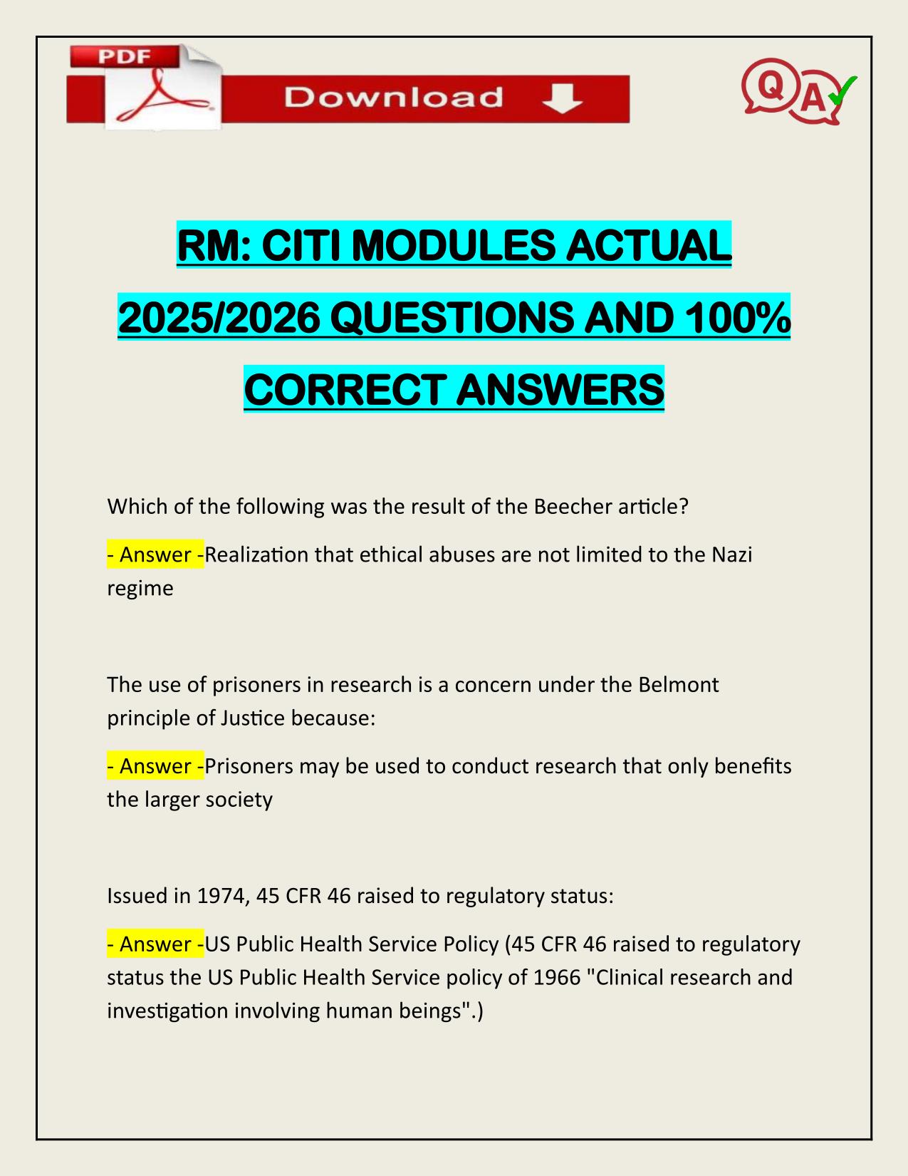 RM: CITI MODULES ACTUAL 2025/2026 CORRECTLY ANSWERED