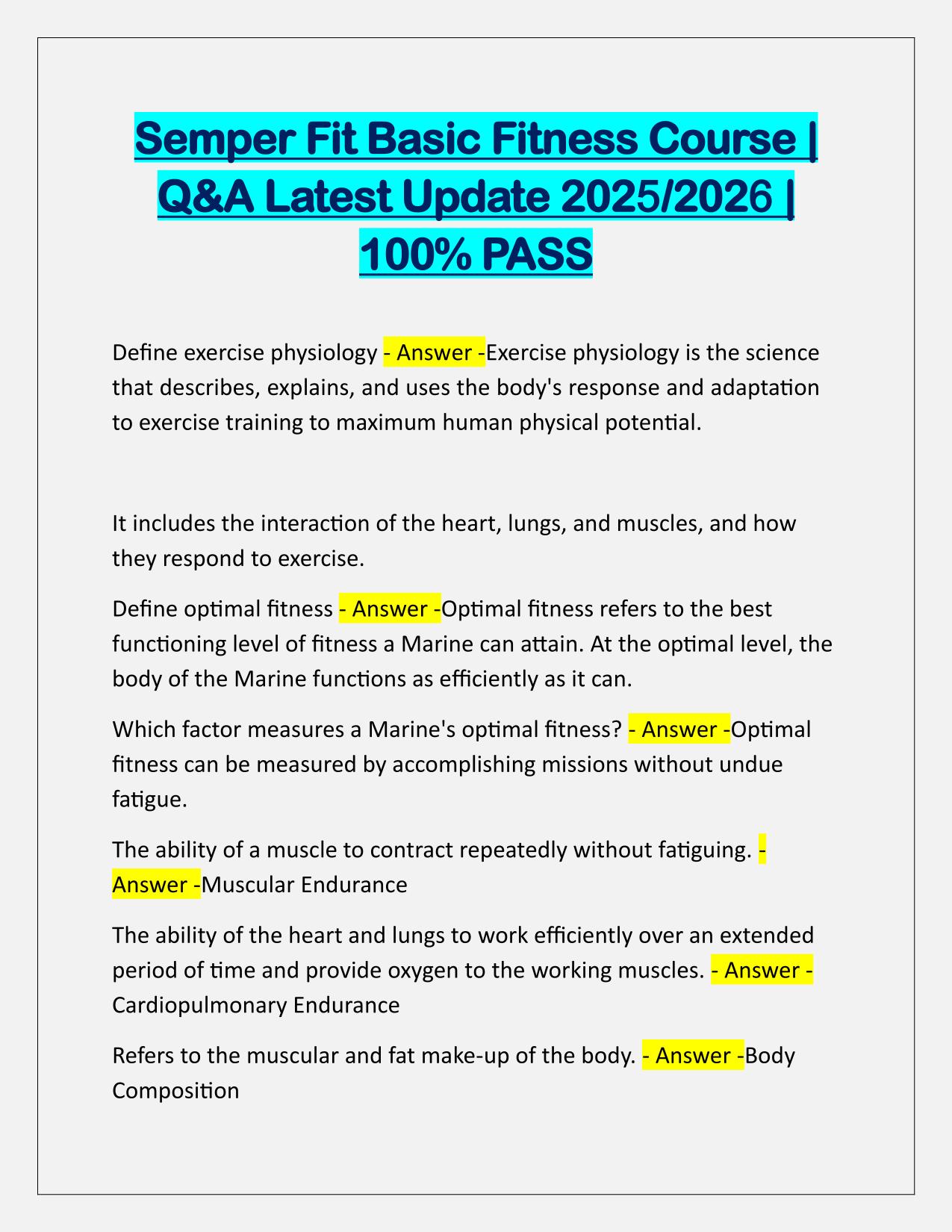 Semper Fit Basic Fitness Course EXAM Q&A Latest Update