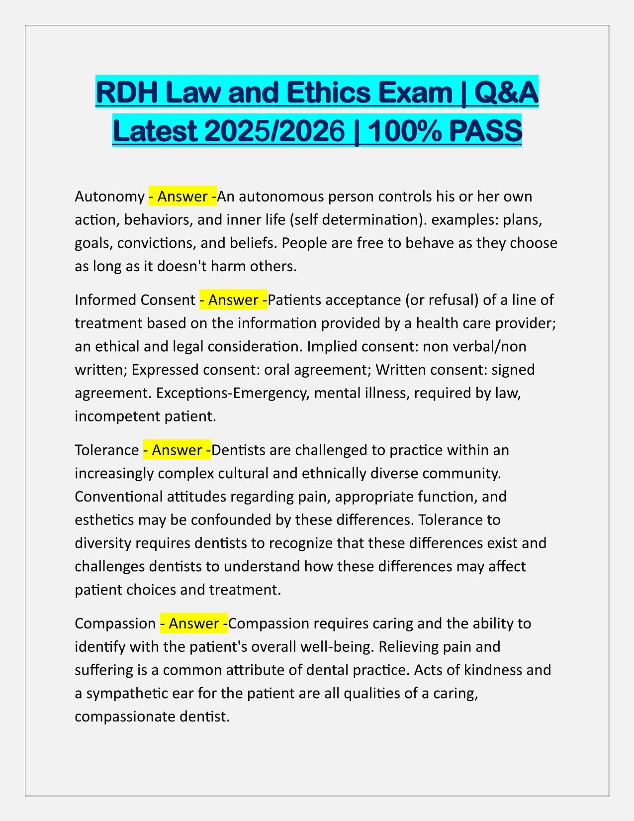 Bundle for RDA-Registered Dental Hygienist in Alternative Practice, RDHAP EXAMS Q&A Latest Update