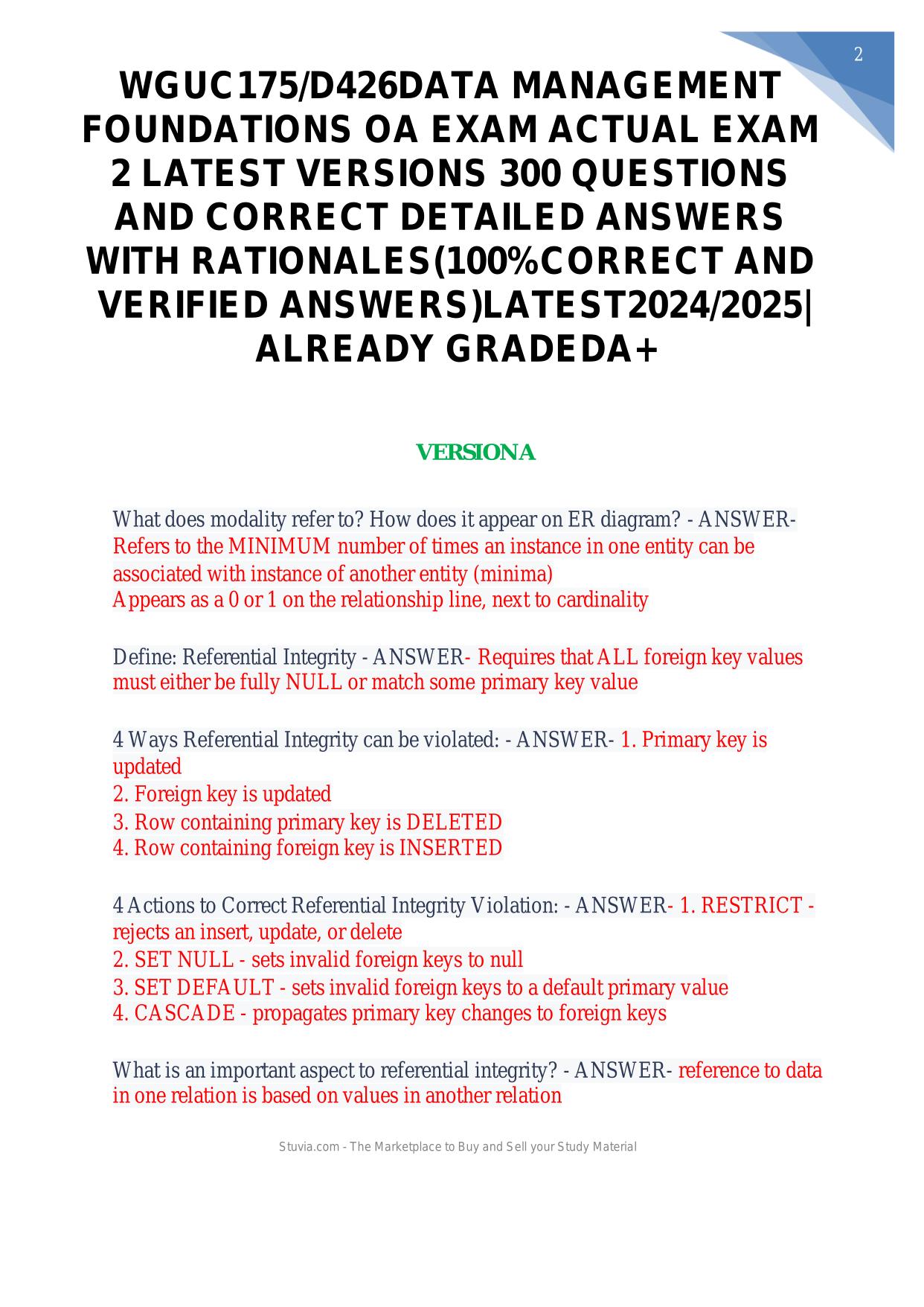 WGUC175/D426 DATA MANAGEMENT FOUNDATIONS OA ACTUAL 2025/2026 EXAM 2 LATEST VERSIONS 300 Q&A