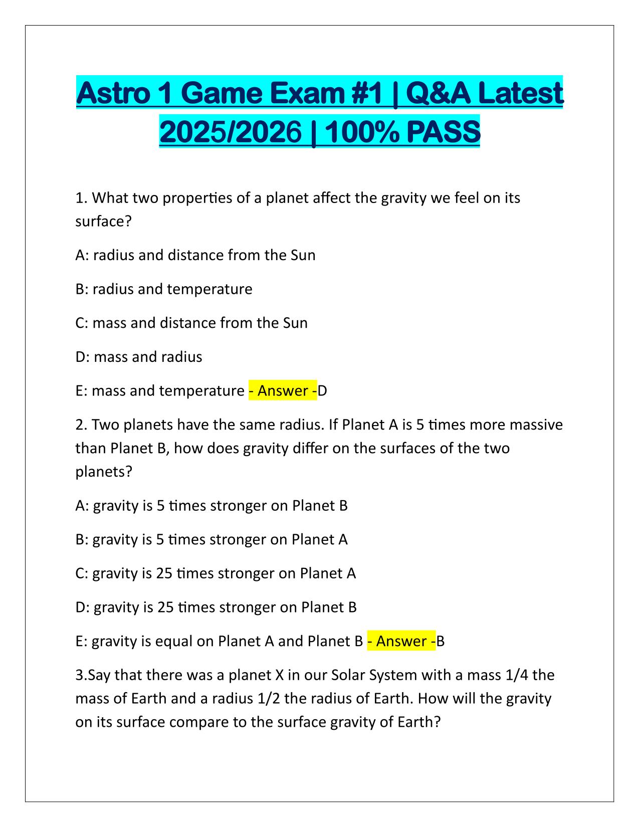 Astro 1 Game Exam #1 Q&A Latest Update