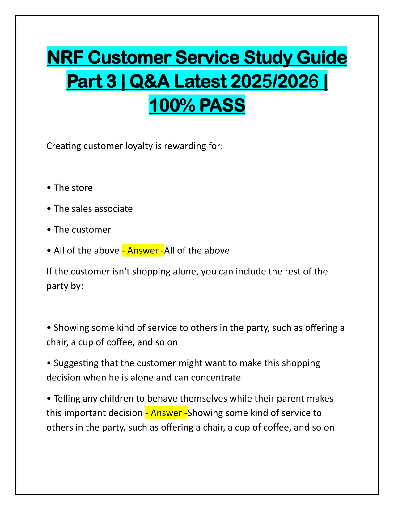 NRF Customer Service Study Guide Part 3 Q&A Latest Update
