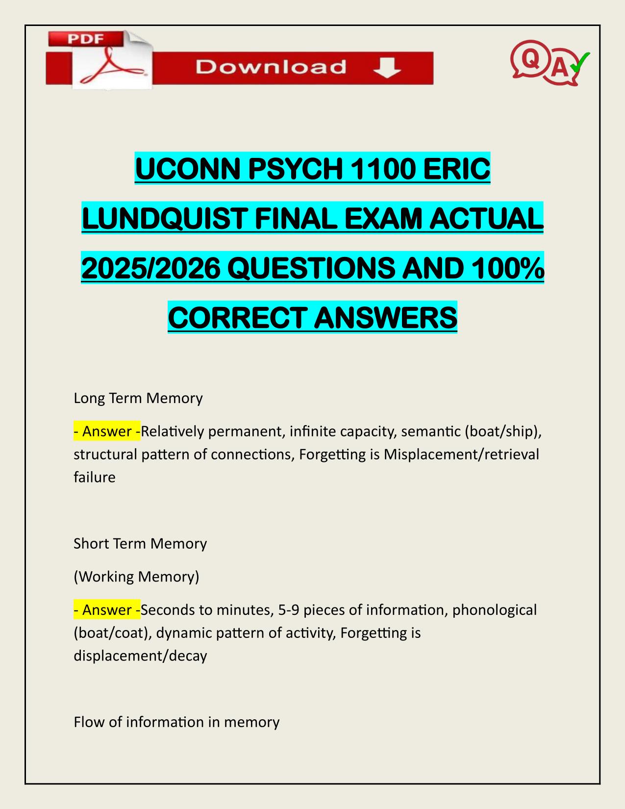 UCONN PSYCH 1100 ERIC LUNDQUIST FINAL EXAM ACTUAL 2025/2026 QUESTIONS AND 100% CORRECT ANSWERS