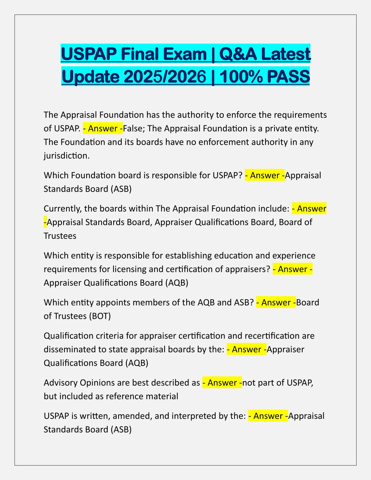 USPAP Final Exam Q&A Latest Update