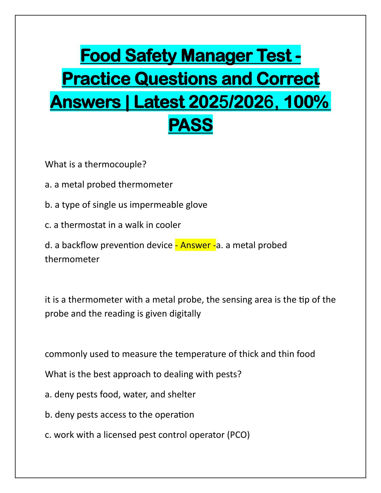 Food Safety Manager Test Practice Q&A Latest Update 2025