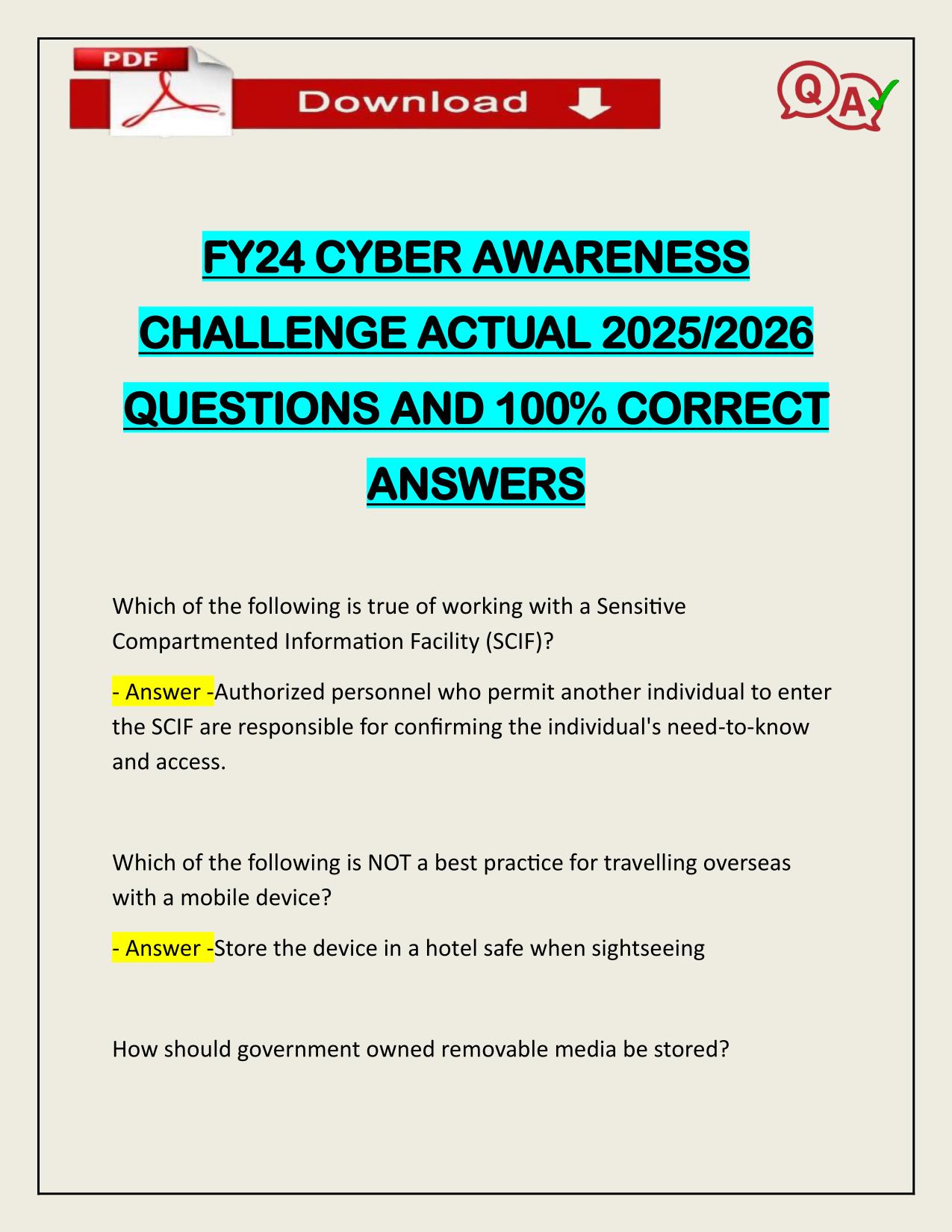 FY24 CYBER AWARENESS CHALLENGE ACTUAL 2025/2026 CORRECTLY ANSWERED