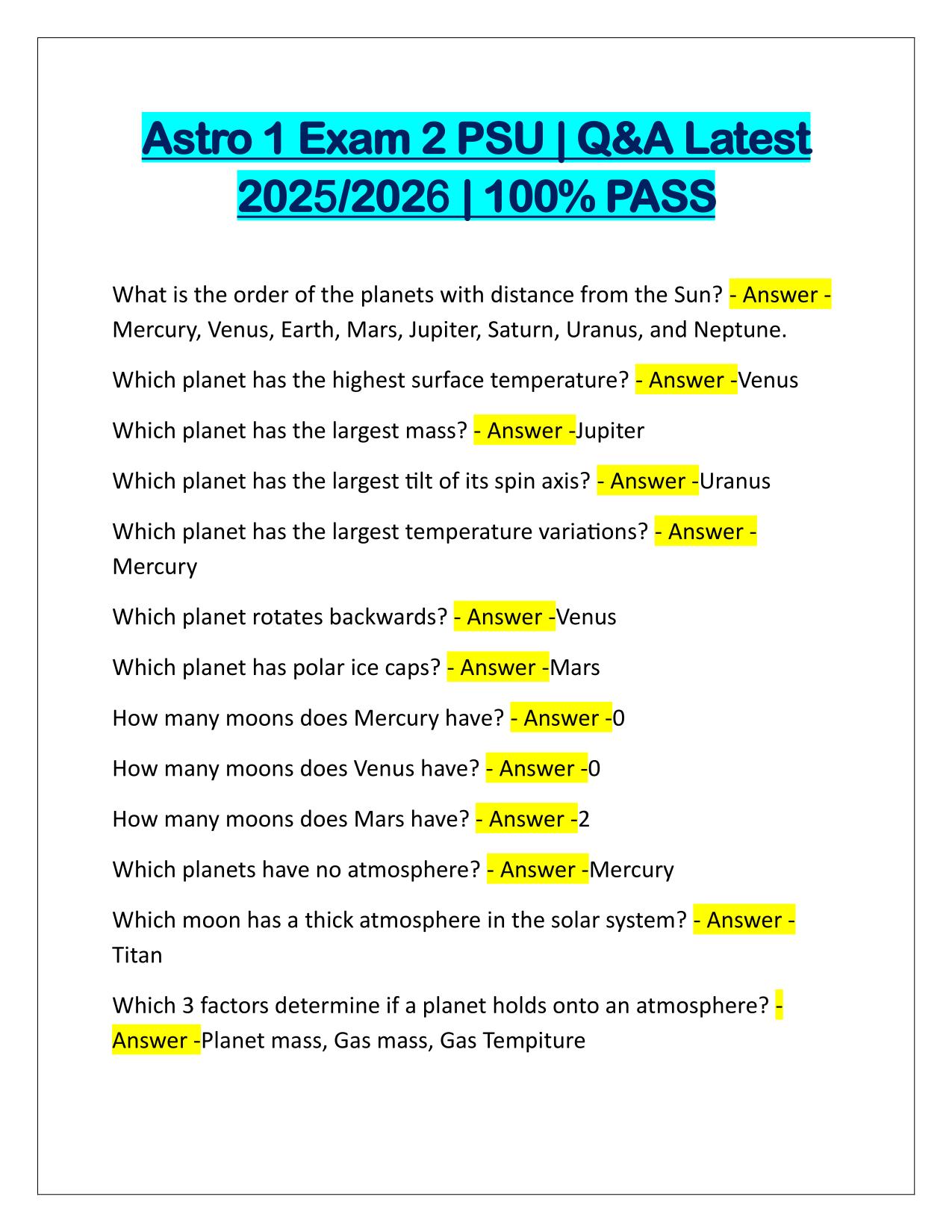Astro 1 Exam 2 PSU Q&A Latest Update 2025