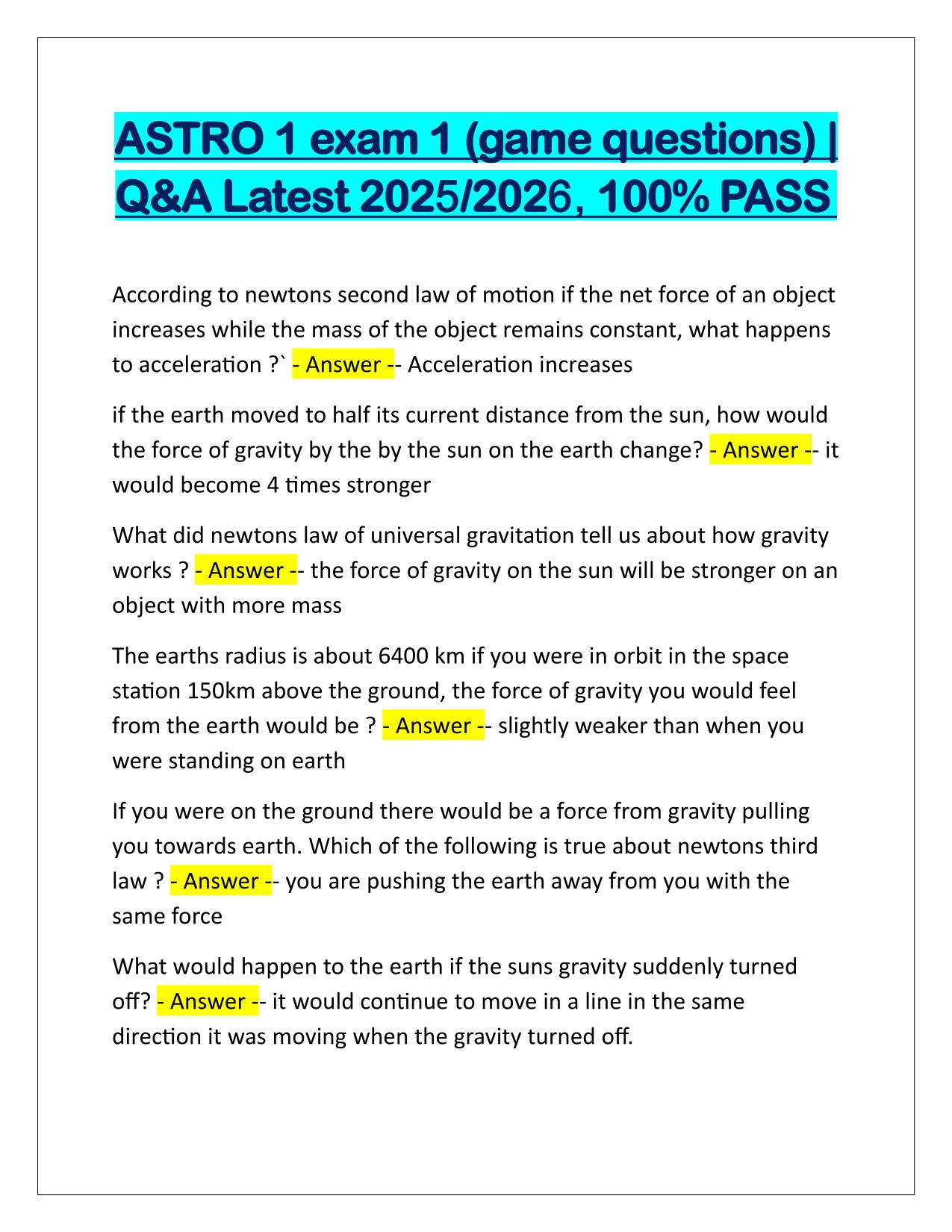 ASTRO 1 exam 1 (game questions) Correctly Answered