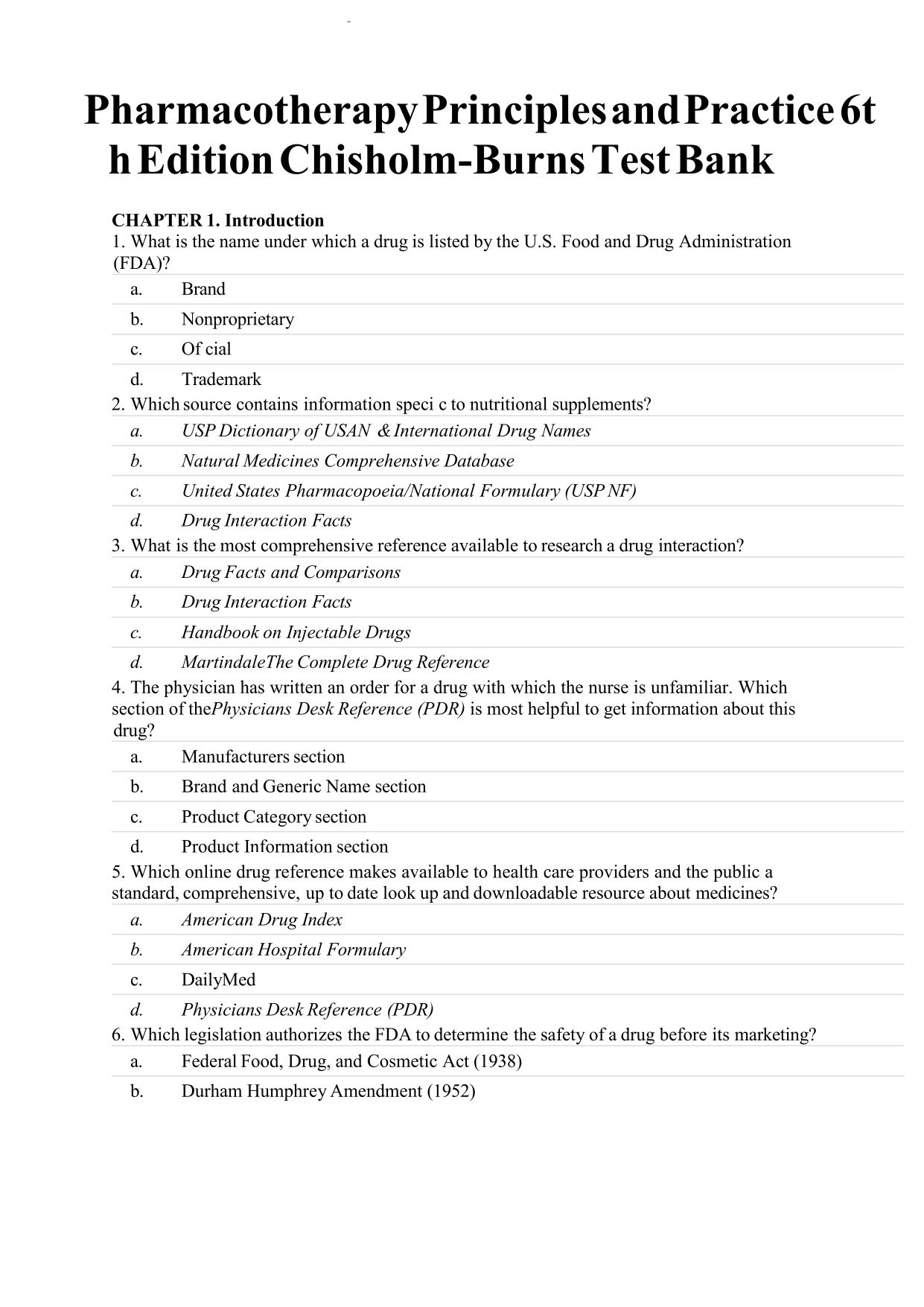 Test Bank for Pharmacotherapy Principles and Practice 6th Edition Chisholm-Burns Latest Update 2025 ISBN: 9781260460285