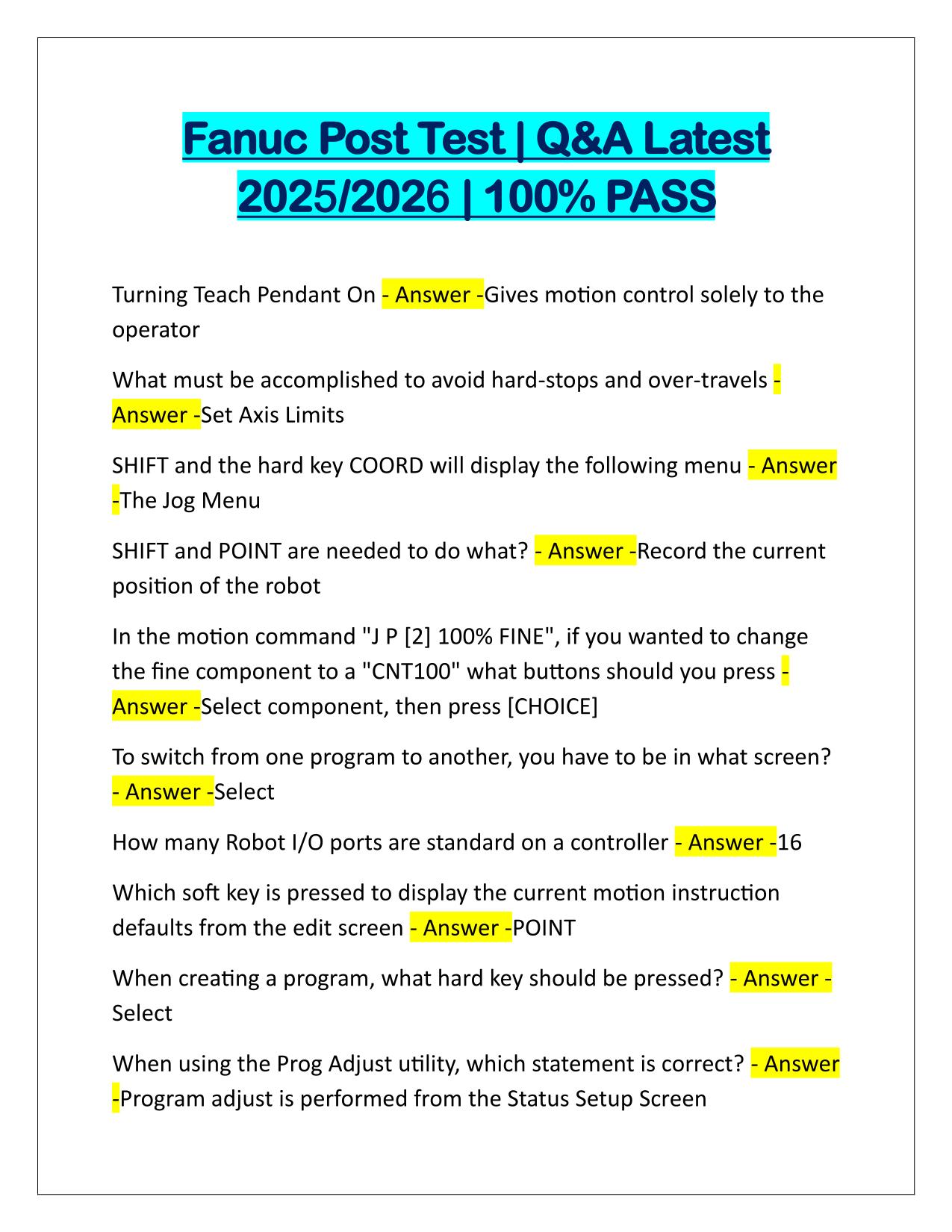 Fanuc Post Test Q&A Latest Update