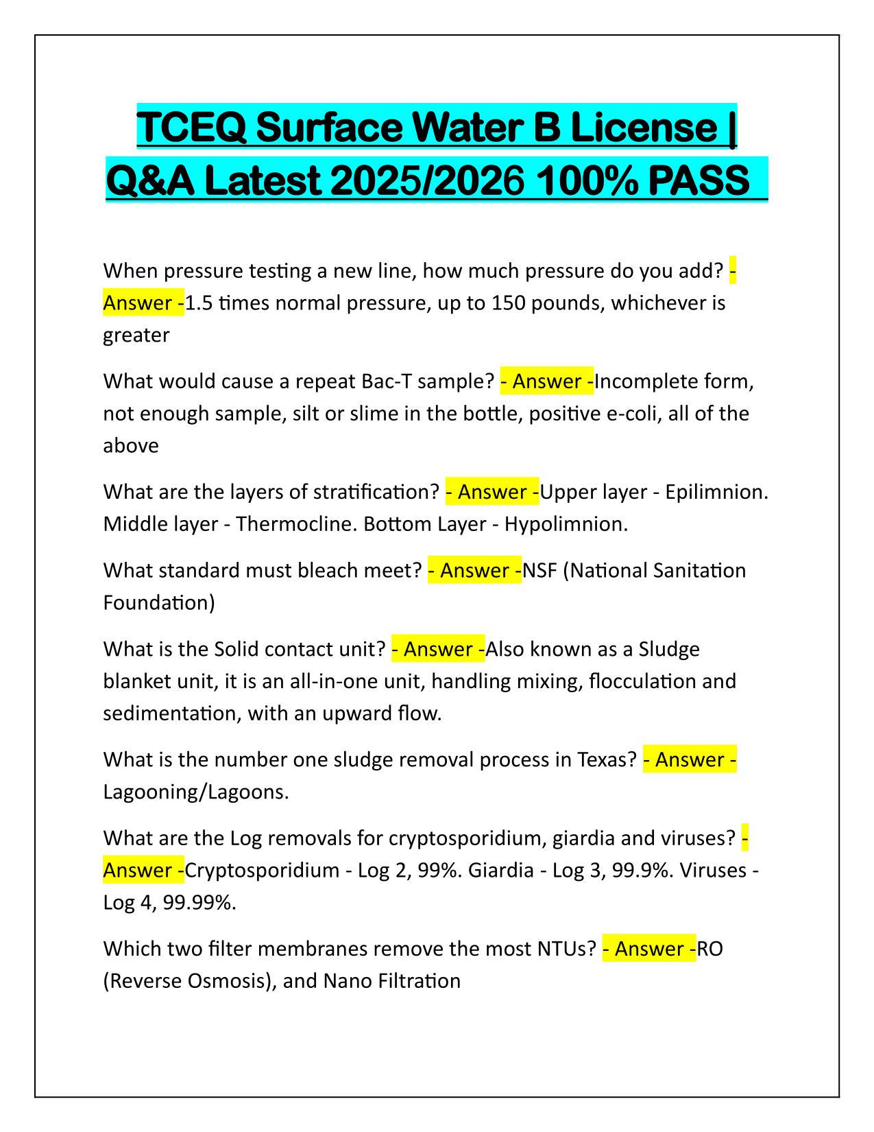 Bundle for TCEQ Water License Class B, C, D Exams Q&A Latest Update 2025-2026