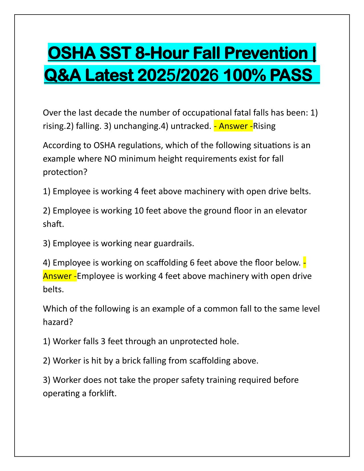 OSHA SST 8-Hour Fall Prevention Questions and Correct Answers Latest Update 2025-2026