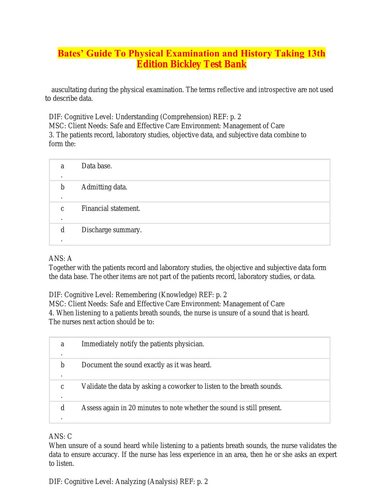 Test Bank Bates Guide to Physical Examination and History Taking 13th Edition By Bickley, ISBN:9781975210533 