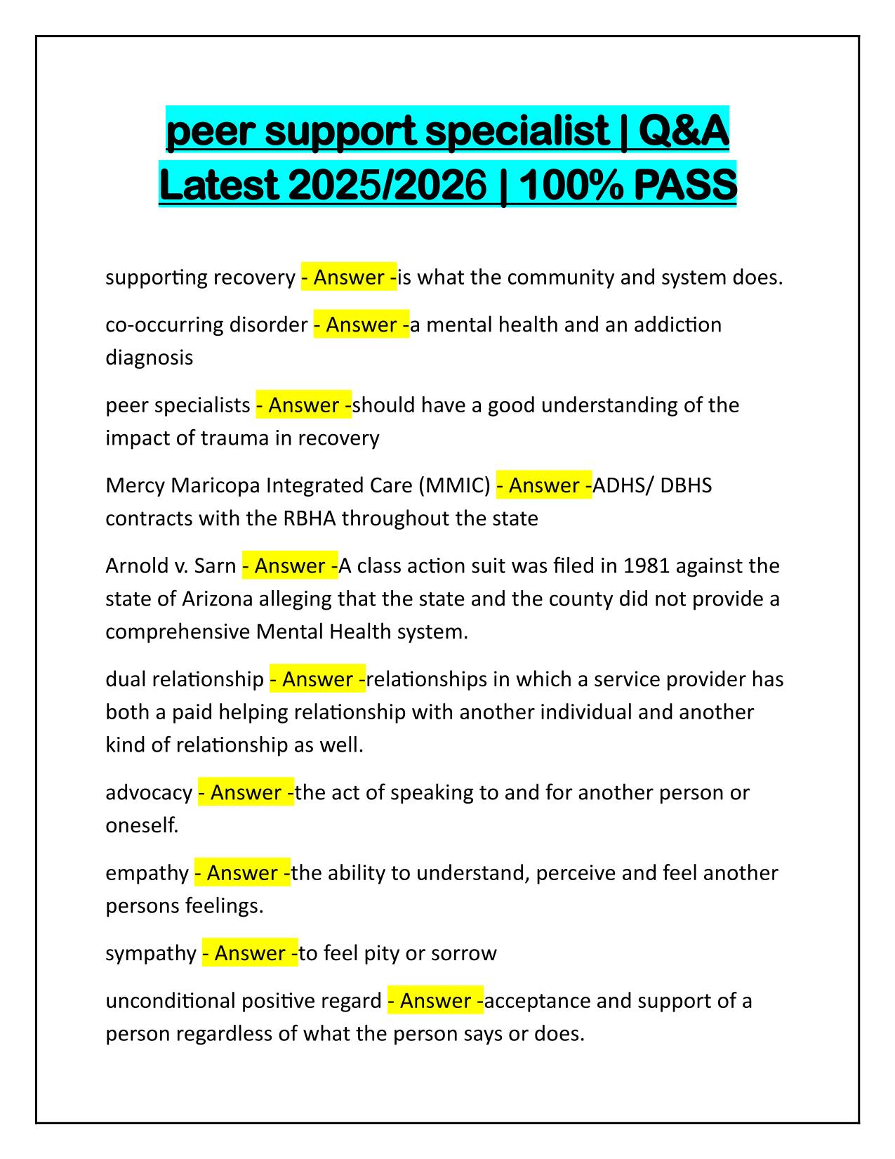 Peer Support Specialist, Questions and Correct Answers 2025 Update