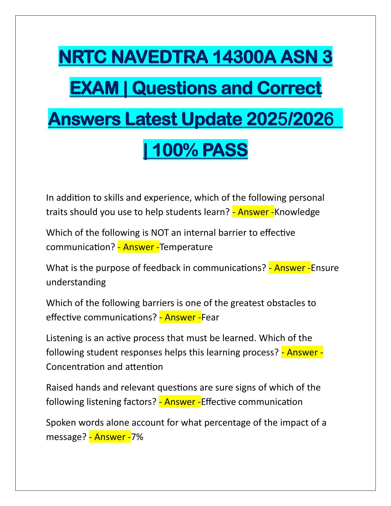 NRTC NAVEDTRA 14300A ASN 3 EXAM Correctly Answered Latest