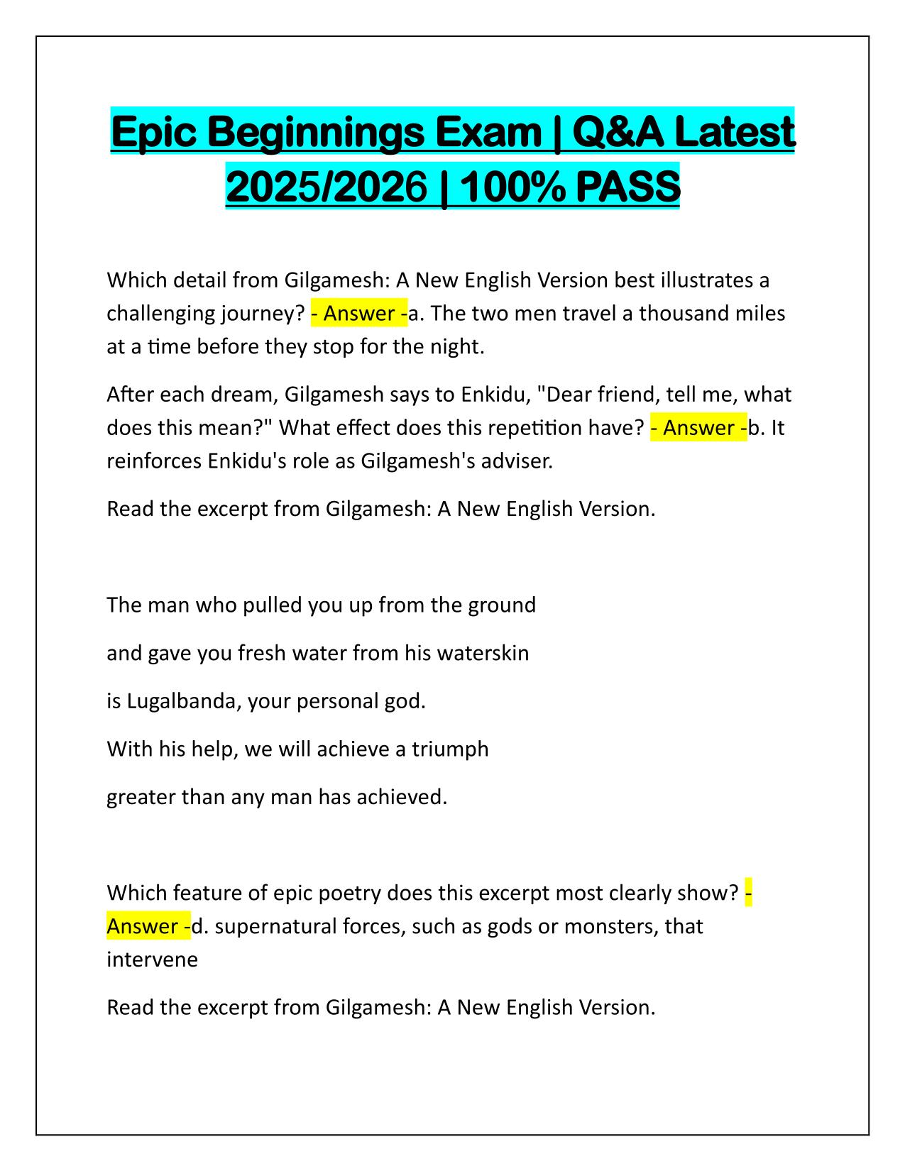 Epic Beginnings Exam Q&A Latest Update