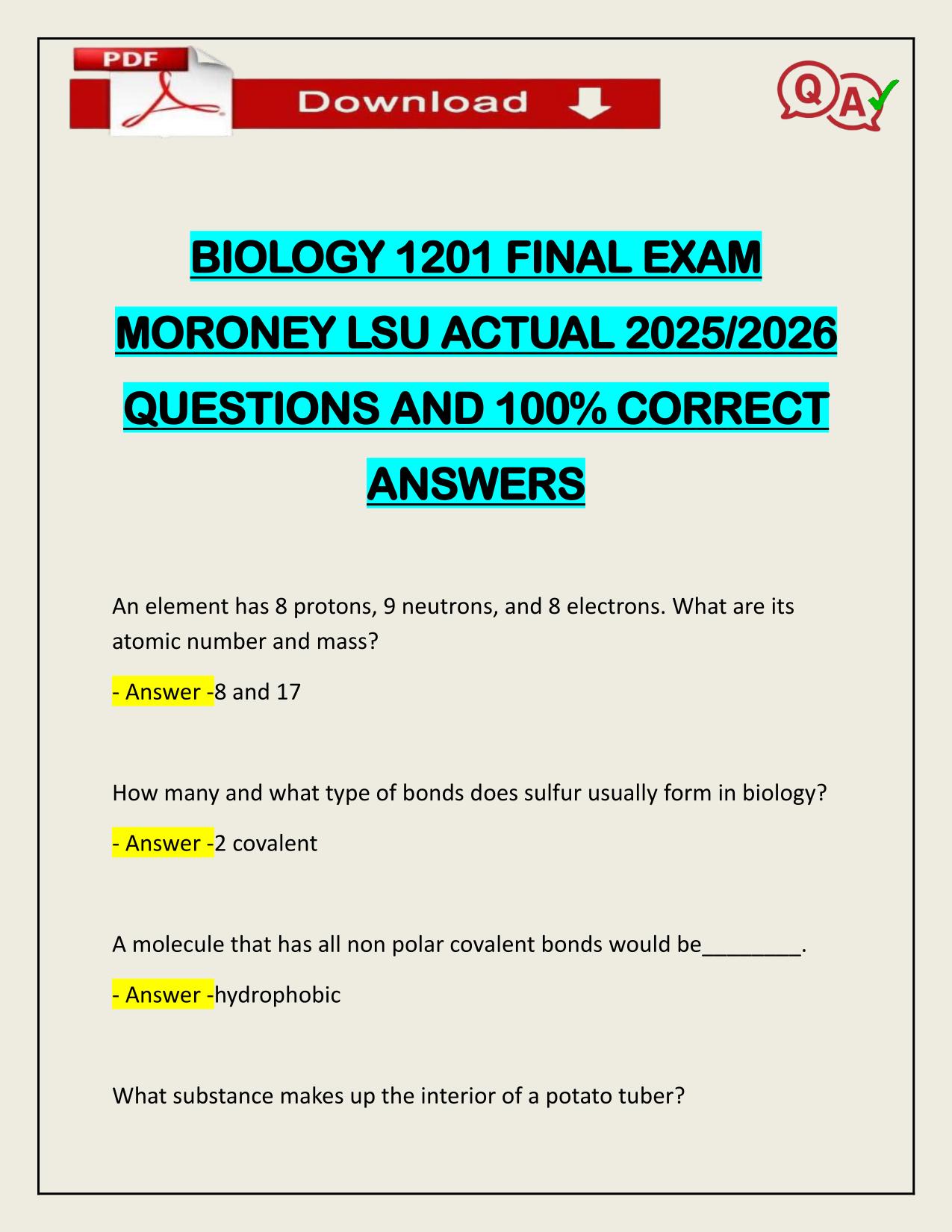 BIOLOGY 1201 FINAL EXAM MORONEY LSU ACTUAL 2025/2026