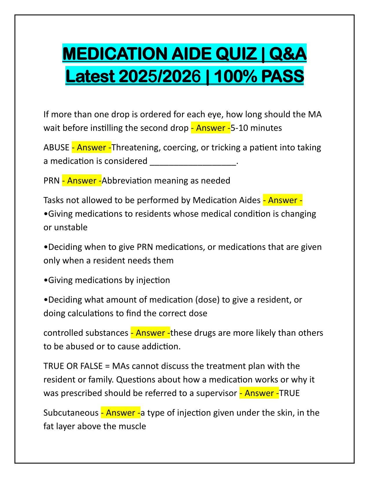 Bundle for Medication Aide Certification Exams Correctly Answered Latest Update 2025-2026
