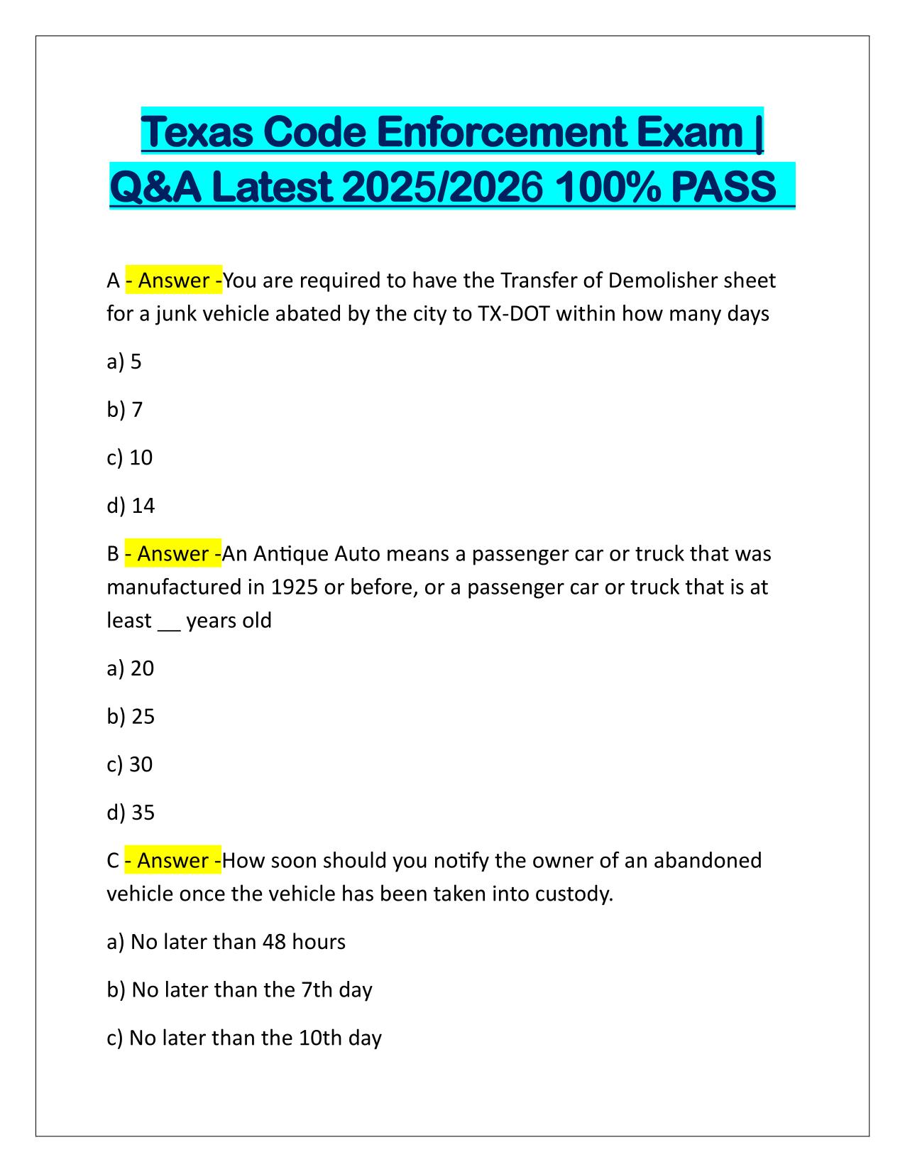 Texas Code Enforcement Exam Q&A Latest Update