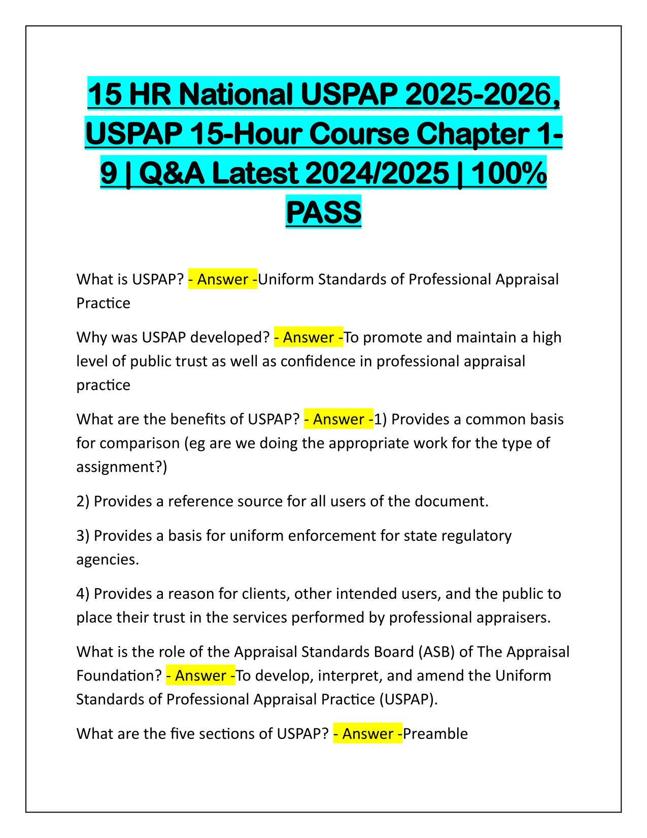 15 HR Course Chapter 1- 9, National USPAP 2025-2026 Q&A Latest Update