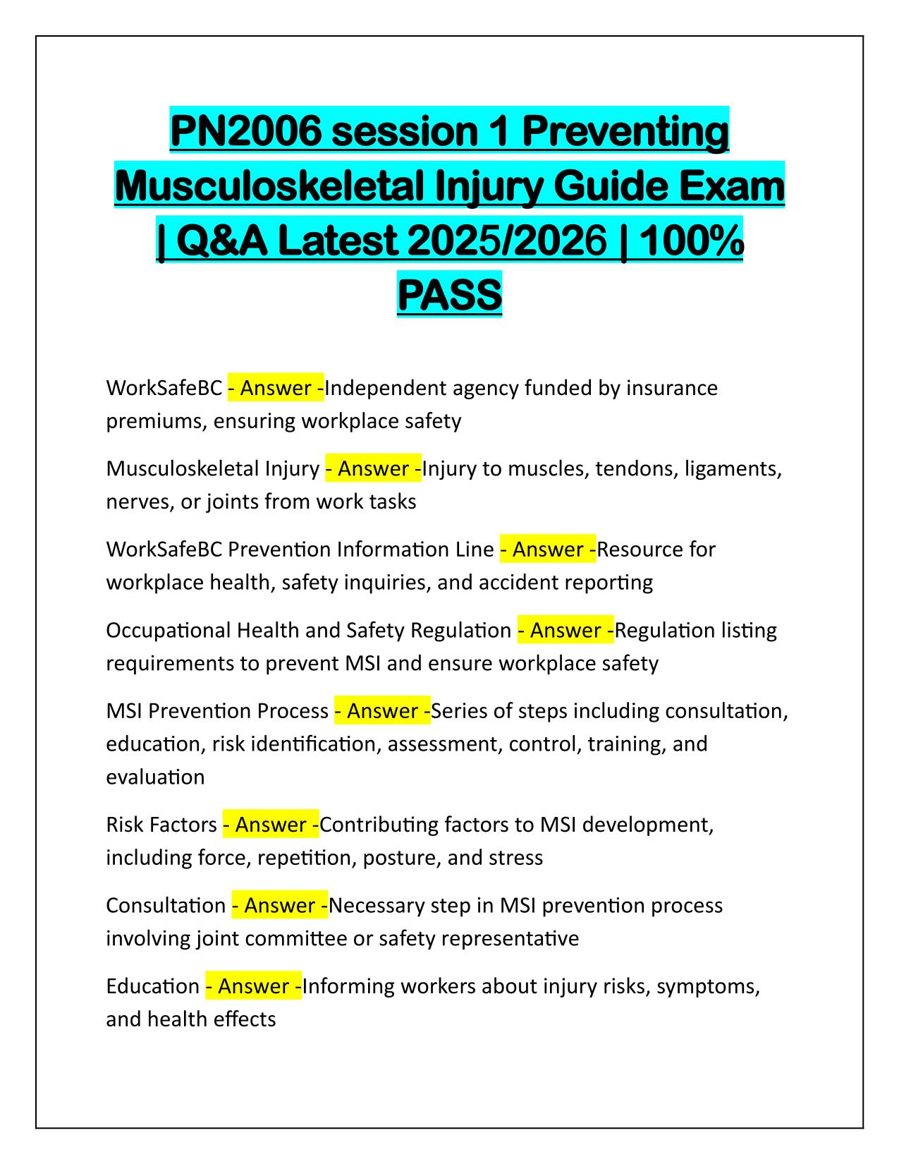 PN2006 session 1 Preventing Musculoskeletal Injury Guide Exam Correctly Answered