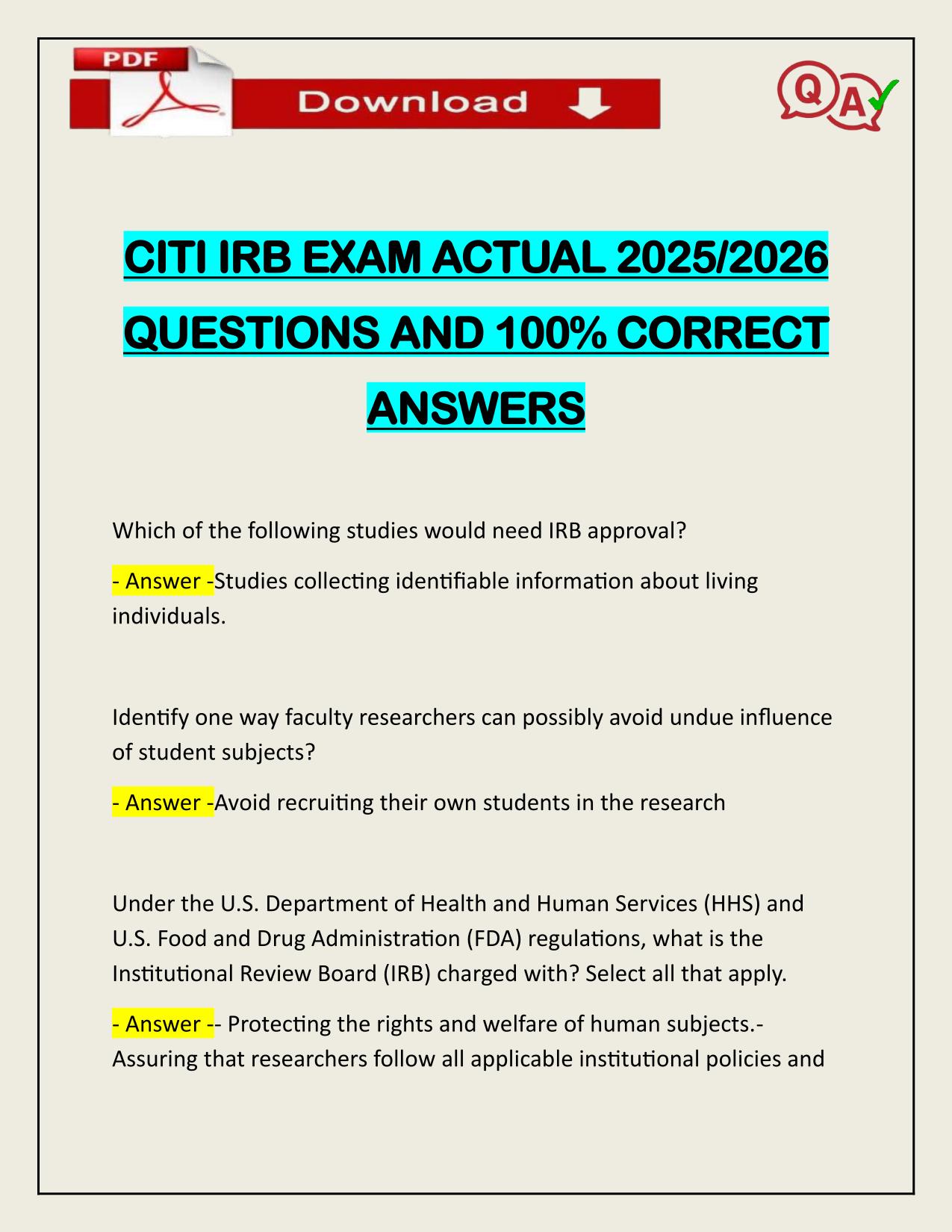 CITI IRB EXAM ACTUAL 2025/2026 WITH VERIFIED ANSWERS