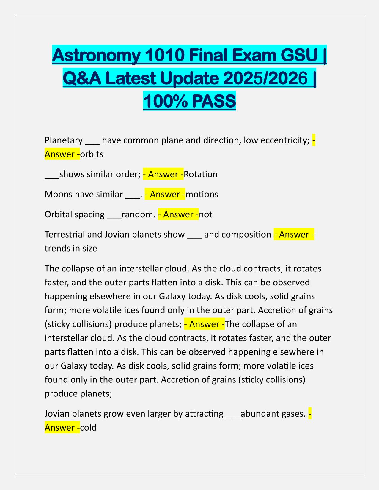 Astronomy 1010 Final Exam GSU Q&A Latest Update