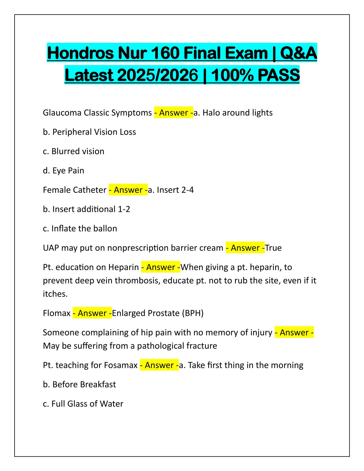 Hondros Nur 160 Final Exam Questions and Verified Answers 2025-2026 Update