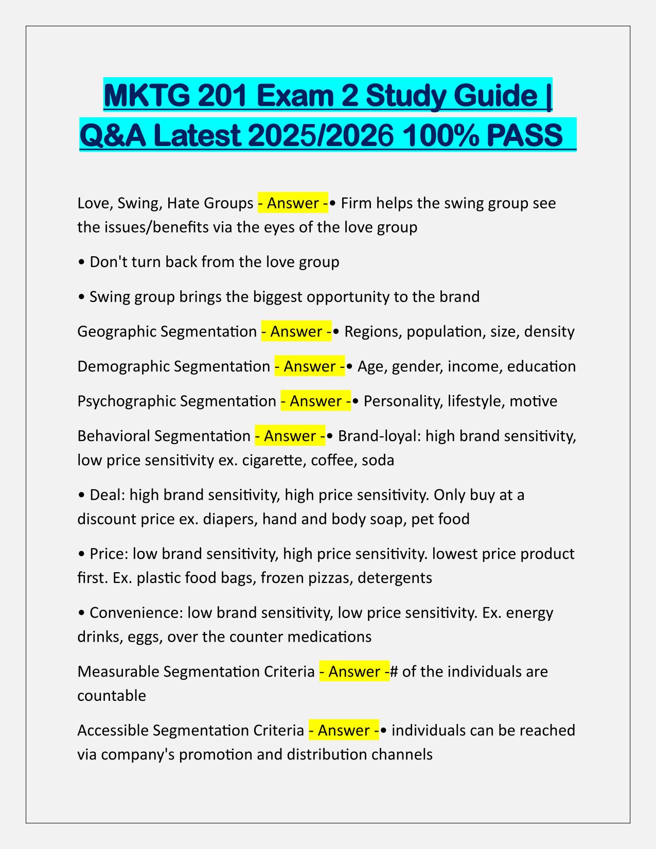 MKTG 201 Exam 2 Study Guide Q&A latest Update