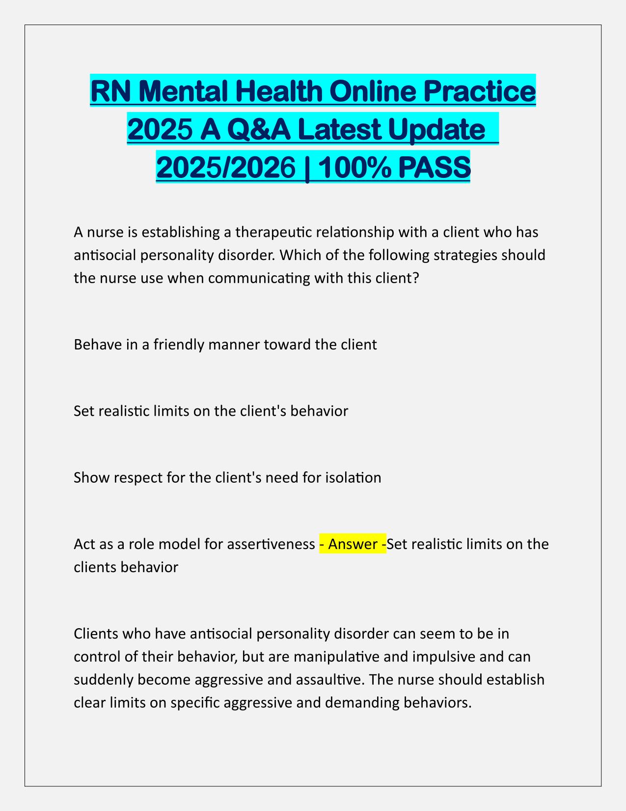 RN Mental Health Online Practice 2025 A Q&A Latest Update