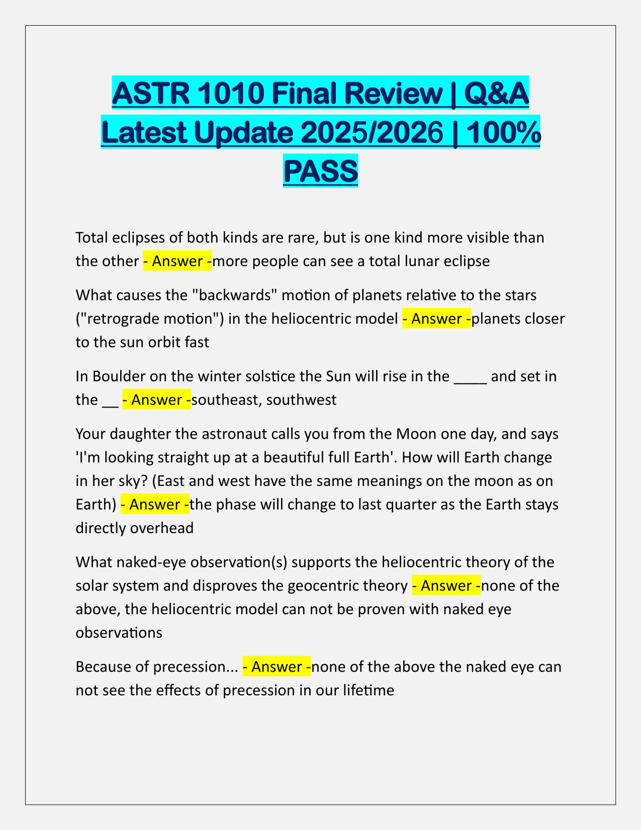 Bundle for Astronomy 1010 EXAMS Q&A Latest Update