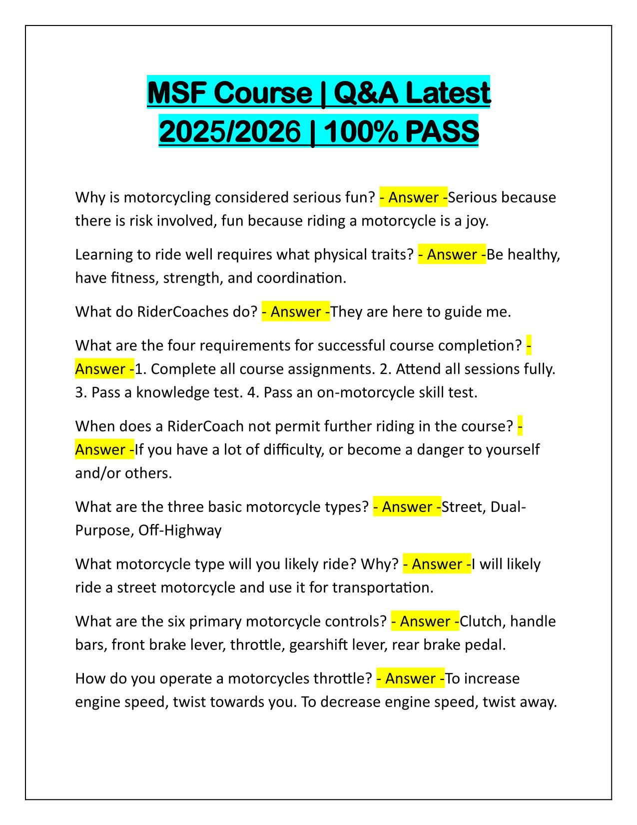 Package Deal for MSF, Motorcycle Rider Course Q&A Latest Update 2025-2026