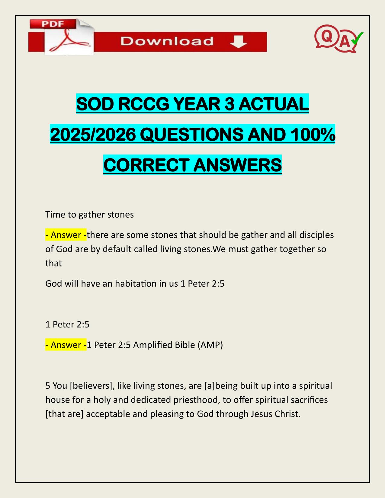 SOD RCCG YEAR 3 ACTUAL 2025/2026 QUESTIONS AND 100% CORRECT ANSWERS