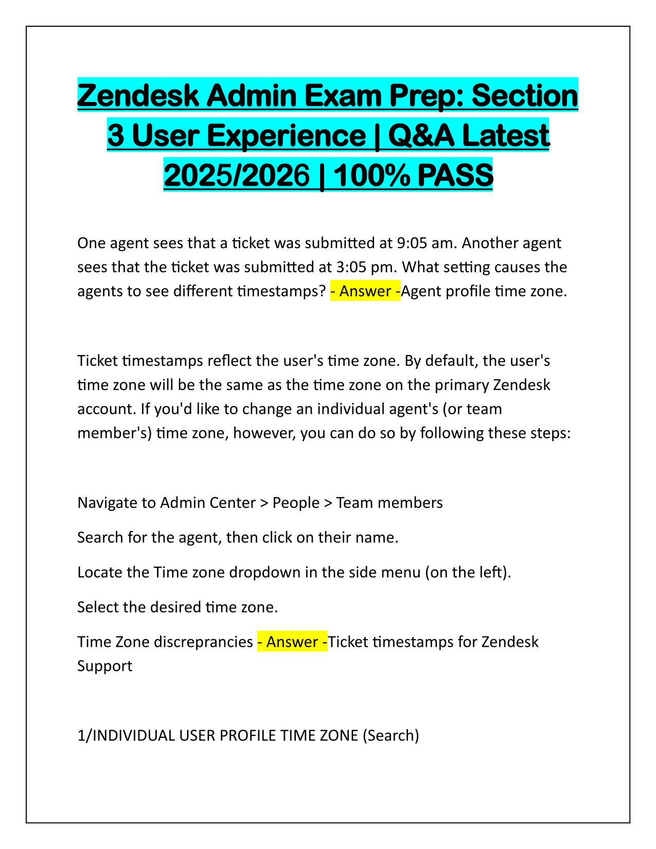 Zendesk Admin Exam Prep Section 3 User Experience Q&A Latest Update
