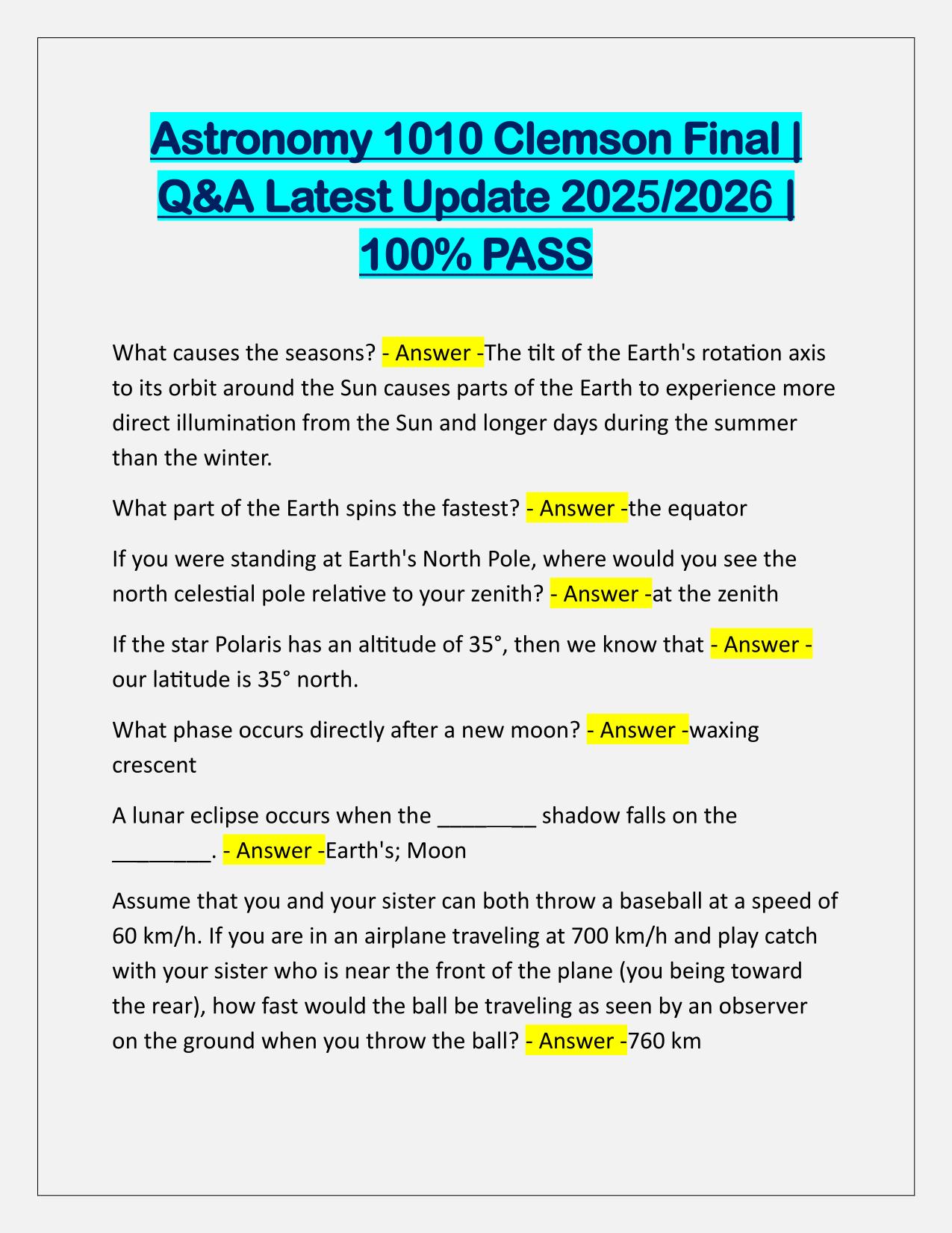 Astronomy 1010 Clemson Final EXAM Q&A Latest Update