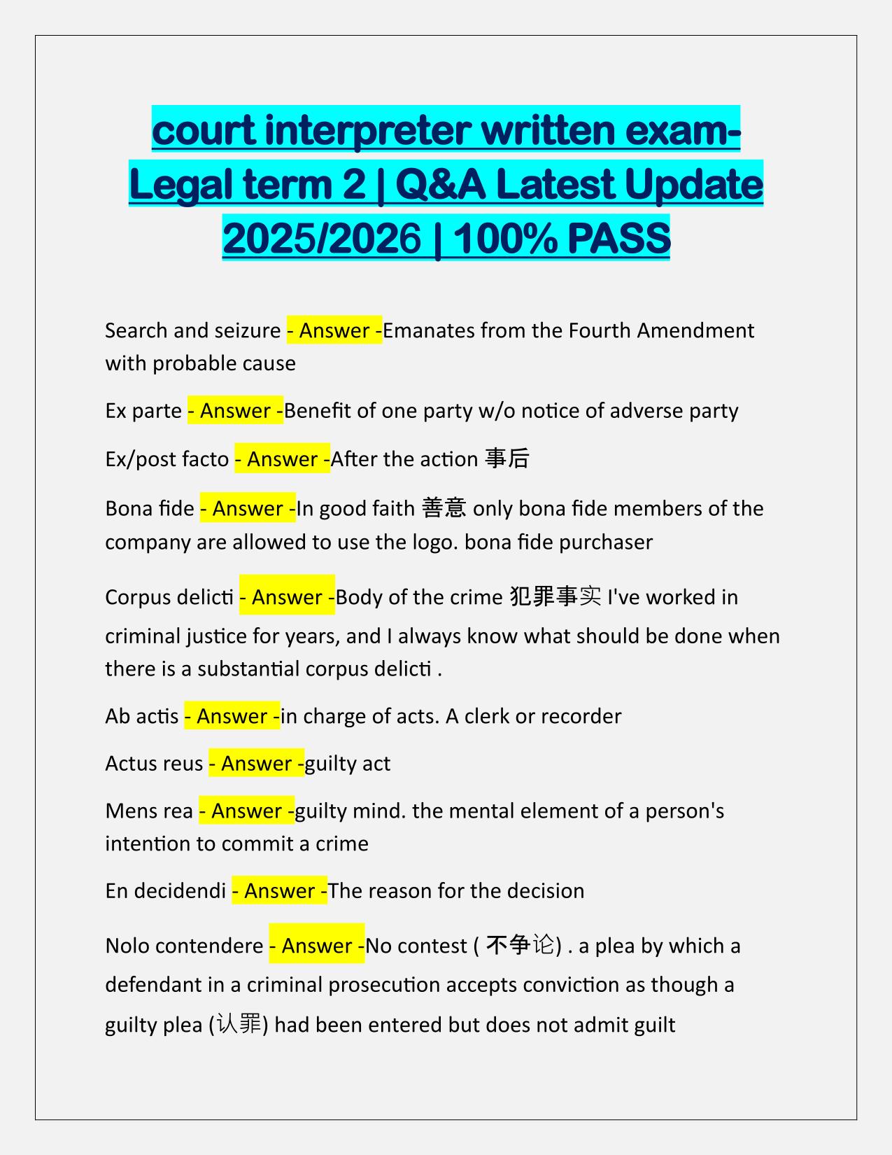 Court Interpreter written exam Legal term 2 Q&A Latest Update
