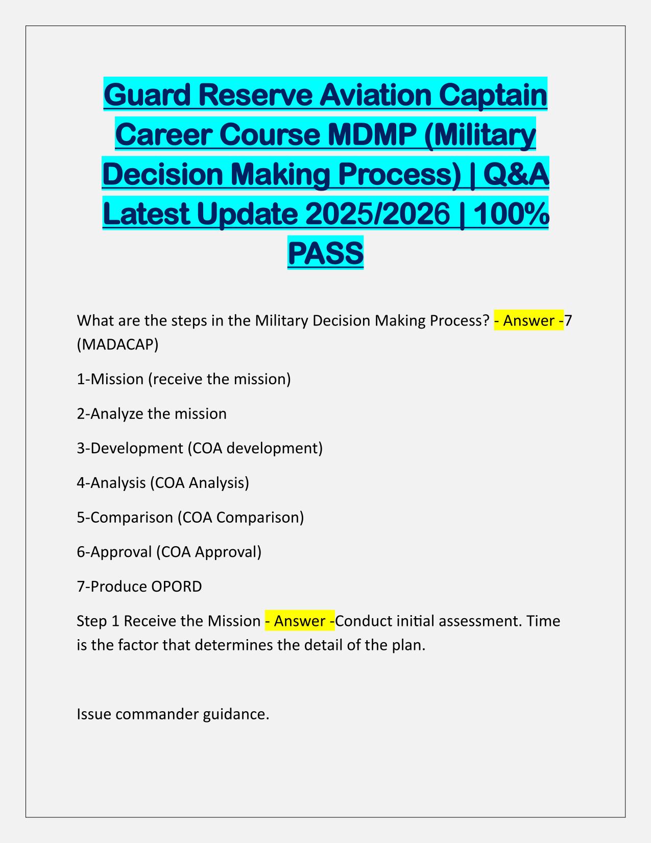 Guard Reserve Aviation Captain Career Course MDMP (Military Decision Making Process) EXAM Q&A Latest Update