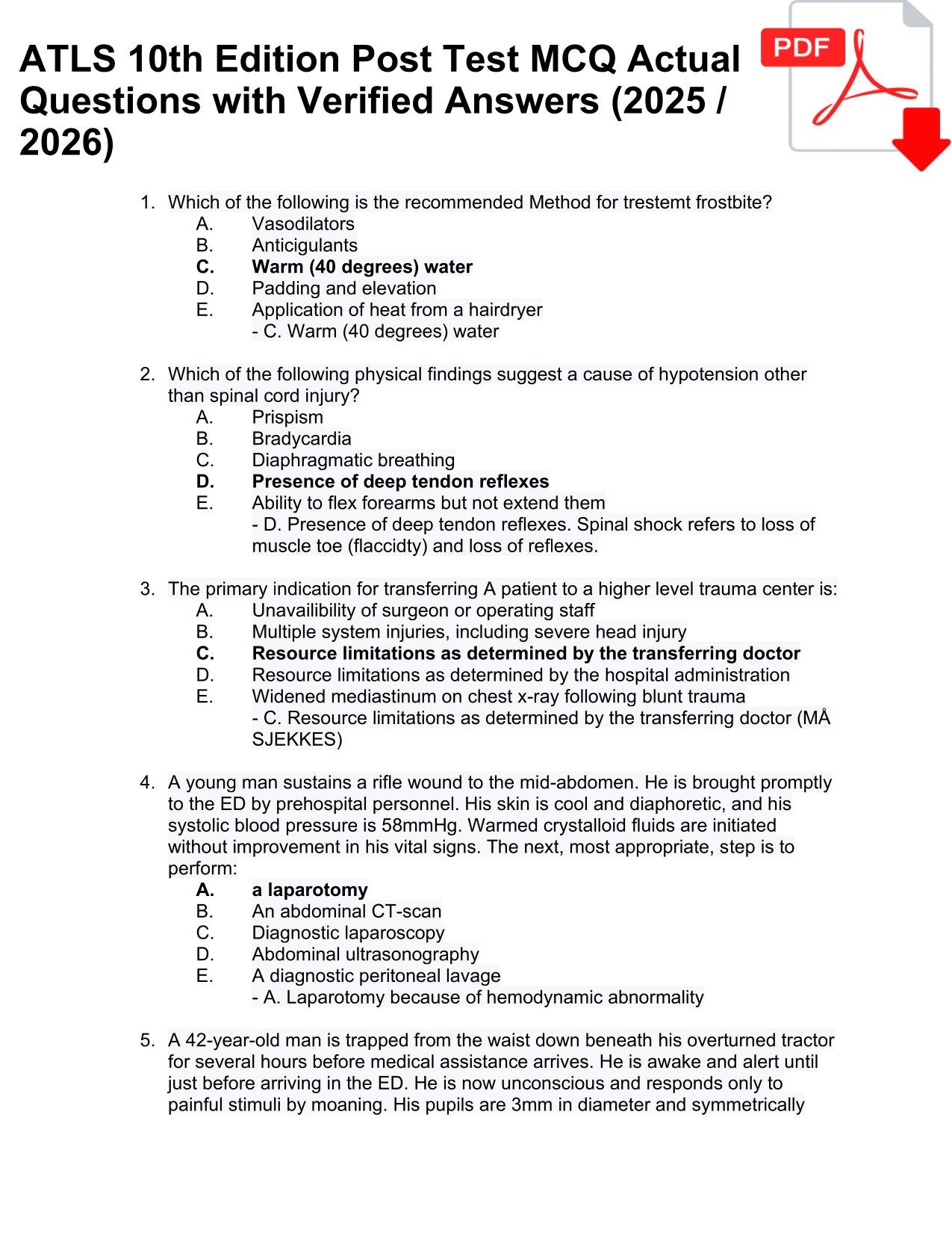 2025 ATLS 10th Edition Post Test MCQ Actual Q&As Latest Update