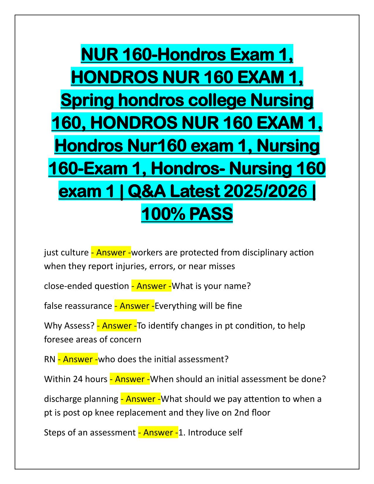 HONDROS NUR 160 EXAM 1 Questions and Correct Answers 2025-2026 Update