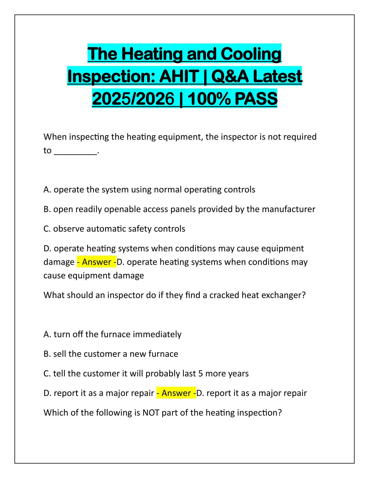 The Heating and Cooling Inspection: AHIT Questions and Verified Answers Latest Update