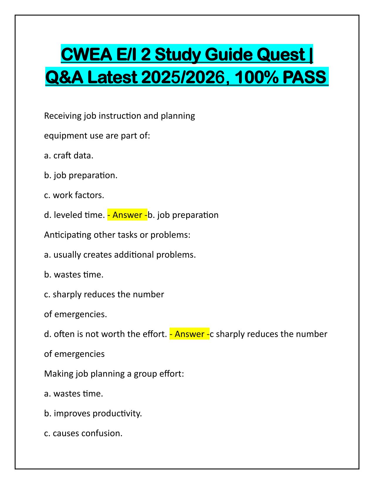 CWEA E/I 2 Study Guide Quest Q&A Latest Update 