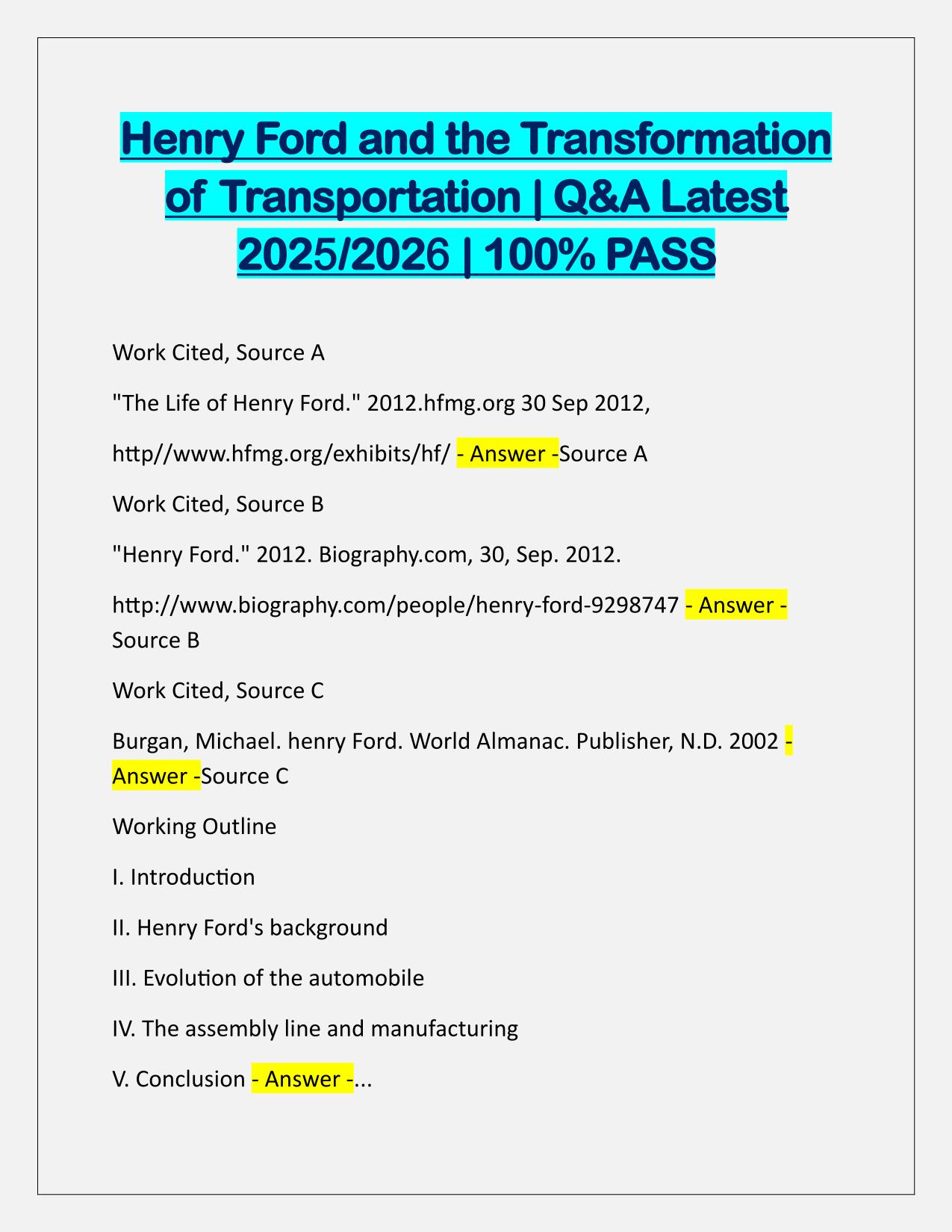 Henry Ford and the Transformation of Transportation Q&A Latest Update