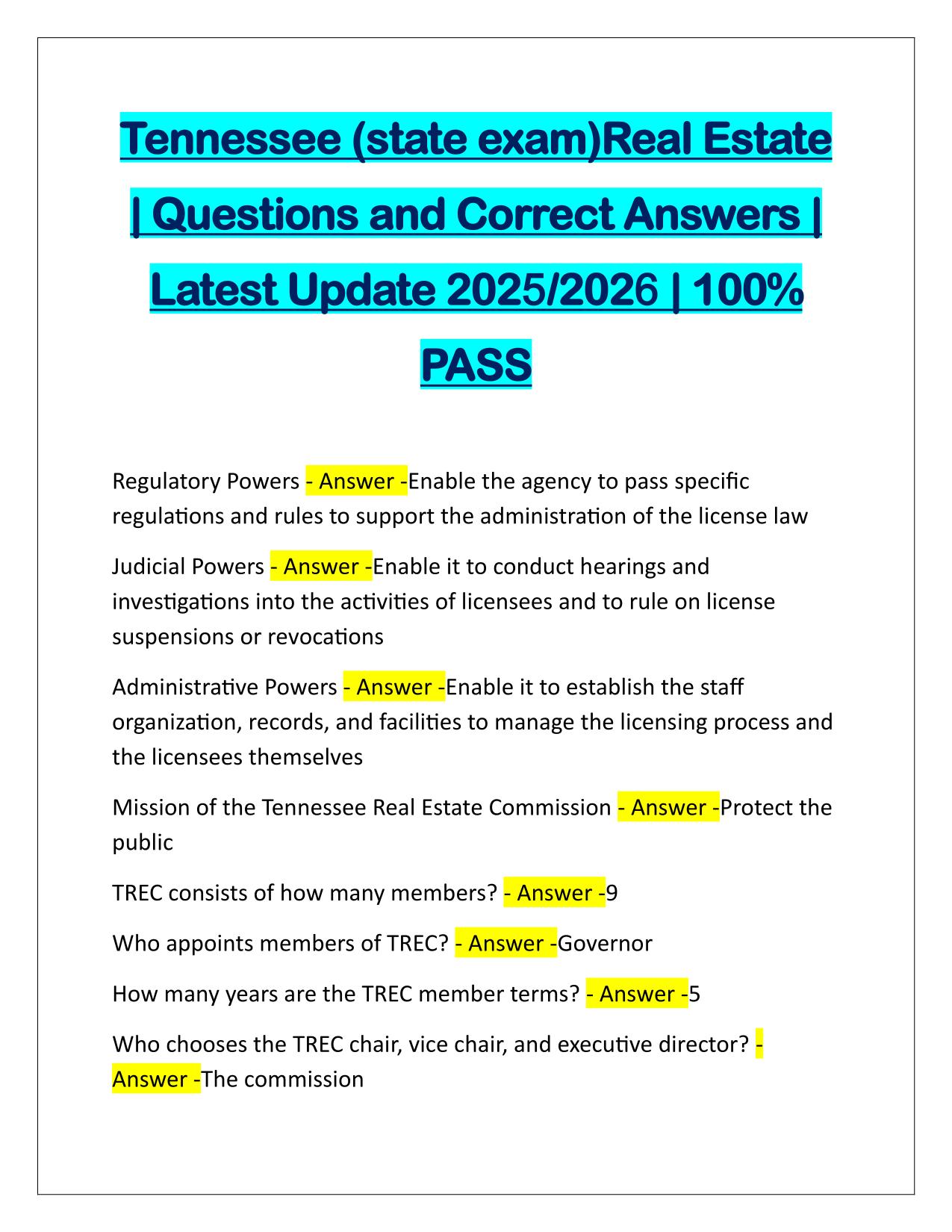 Tennessee (state exam) Real Estate Questions and Answers